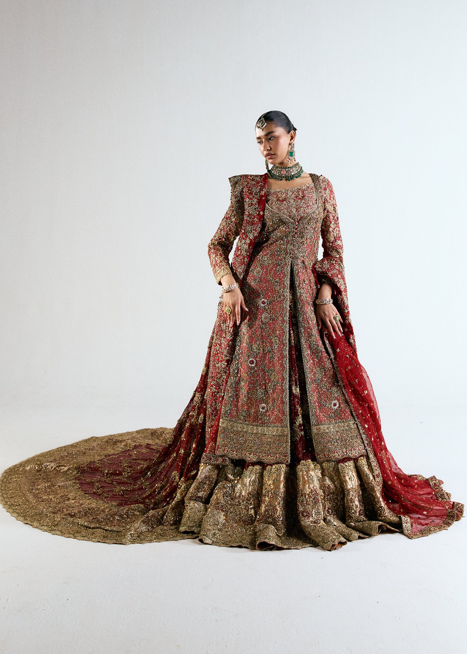 Rose Pink Zari Silk Net Bridal Jacket with Chiffon Lehenga (3-Piece) - Image 6