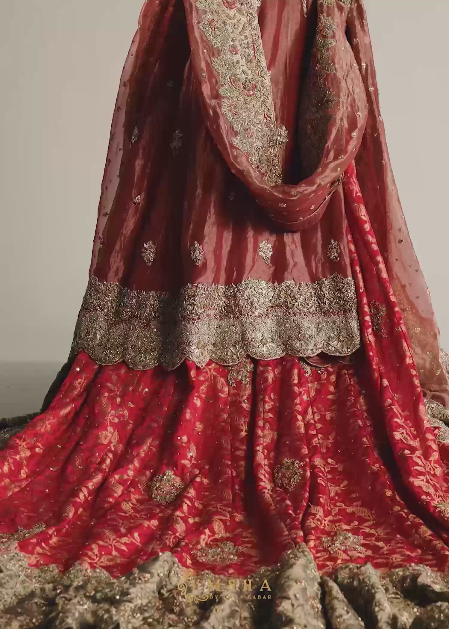 Rose Pink Zari Silk Net Bridal Jacket with Chiffon Lehenga (3-Piece) - Image 8