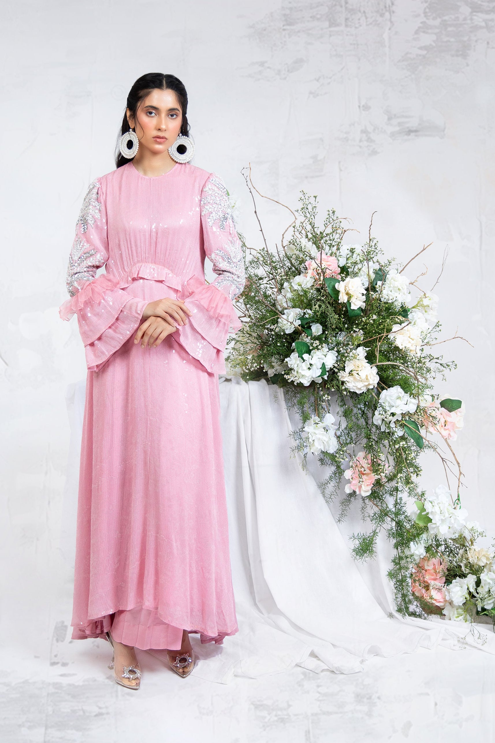 Pakistani Rose Pink Embossed Sequin Chiffon High-Low Dress (2-Piece) - Image 1