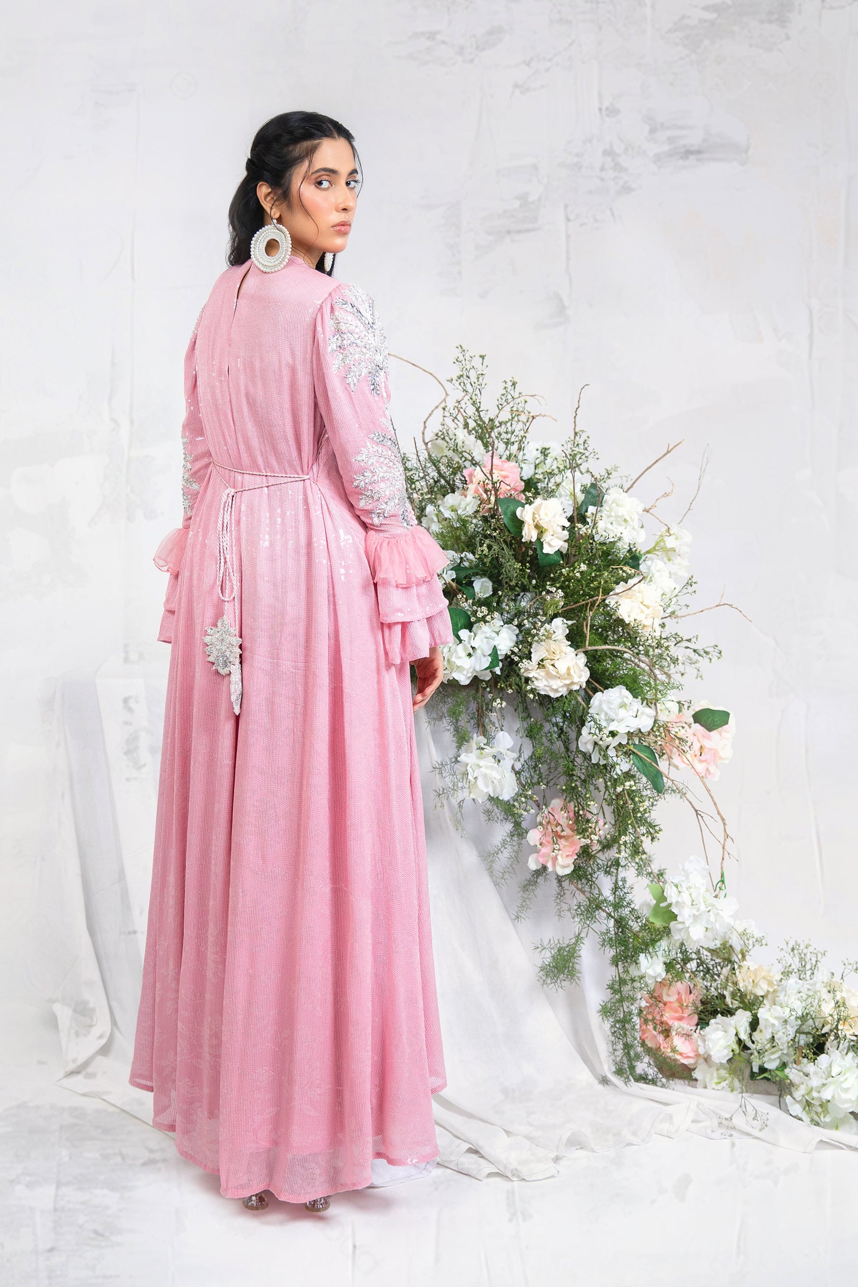 Pakistani Rose Pink Embossed Sequin Chiffon High-Low Dress (2-Piece) - Image 3