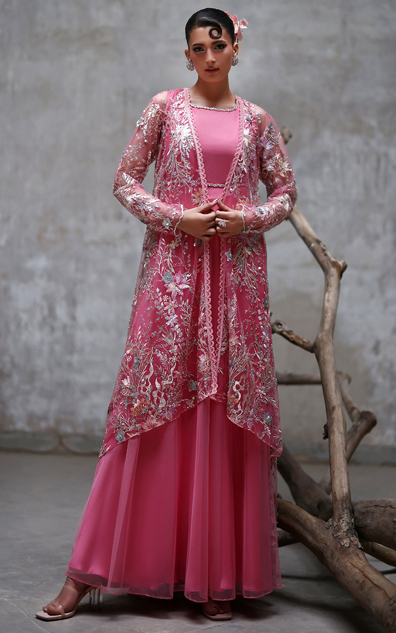 Pakistani Pink Embroidered Net Maxi with Jacket (2-Piece) - Image 1