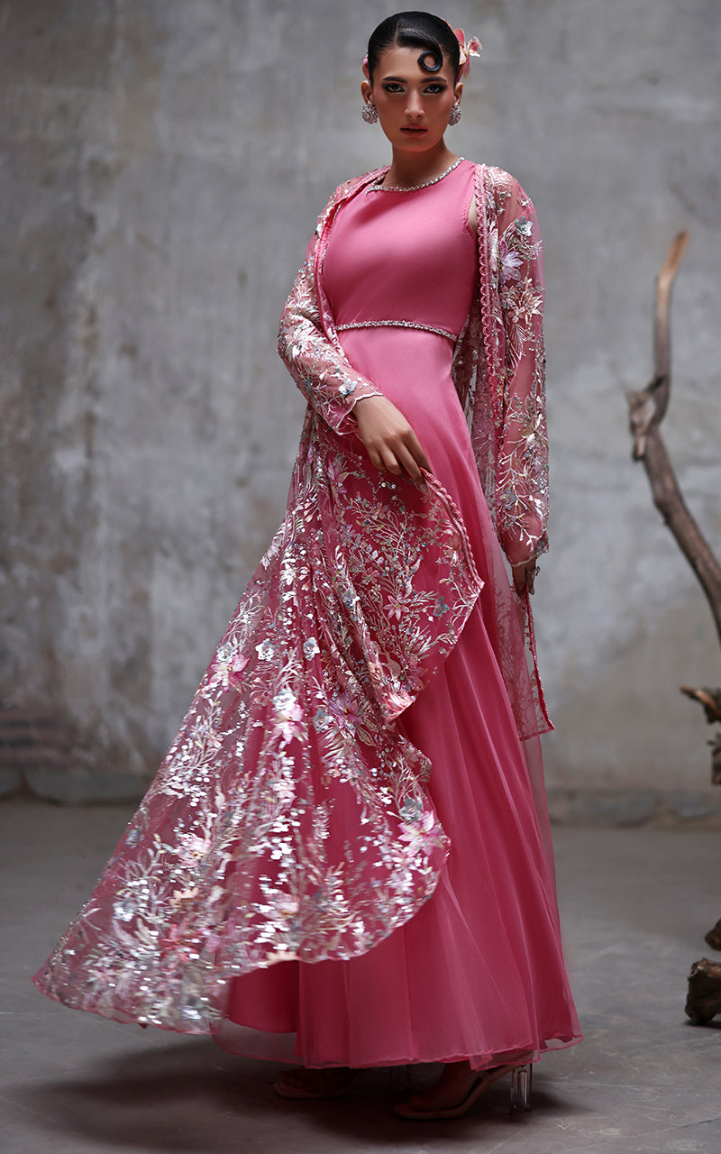 Pakistani Pink Embroidered Net Maxi with Jacket (2-Piece) - Image 2