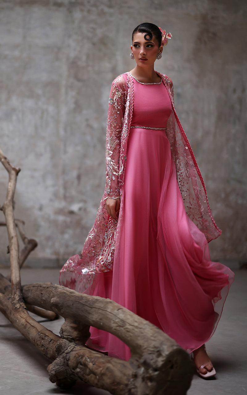 Pakistani Pink Embroidered Net Maxi with Jacket (2-Piece) - Image 3