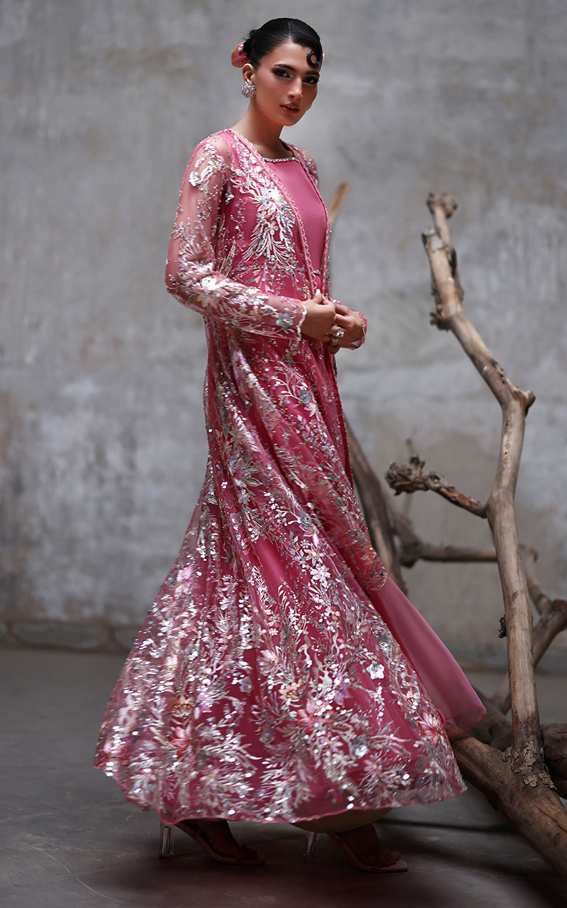 Pakistani Pink Embroidered Net Maxi with Jacket (2-Piece) - Image 4