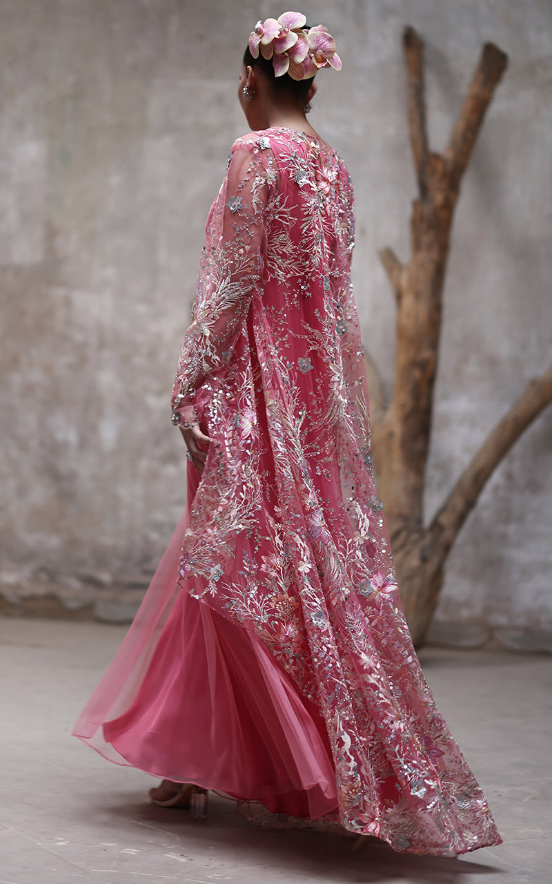 Pakistani Pink Embroidered Net Maxi with Jacket (2-Piece) - Image 5