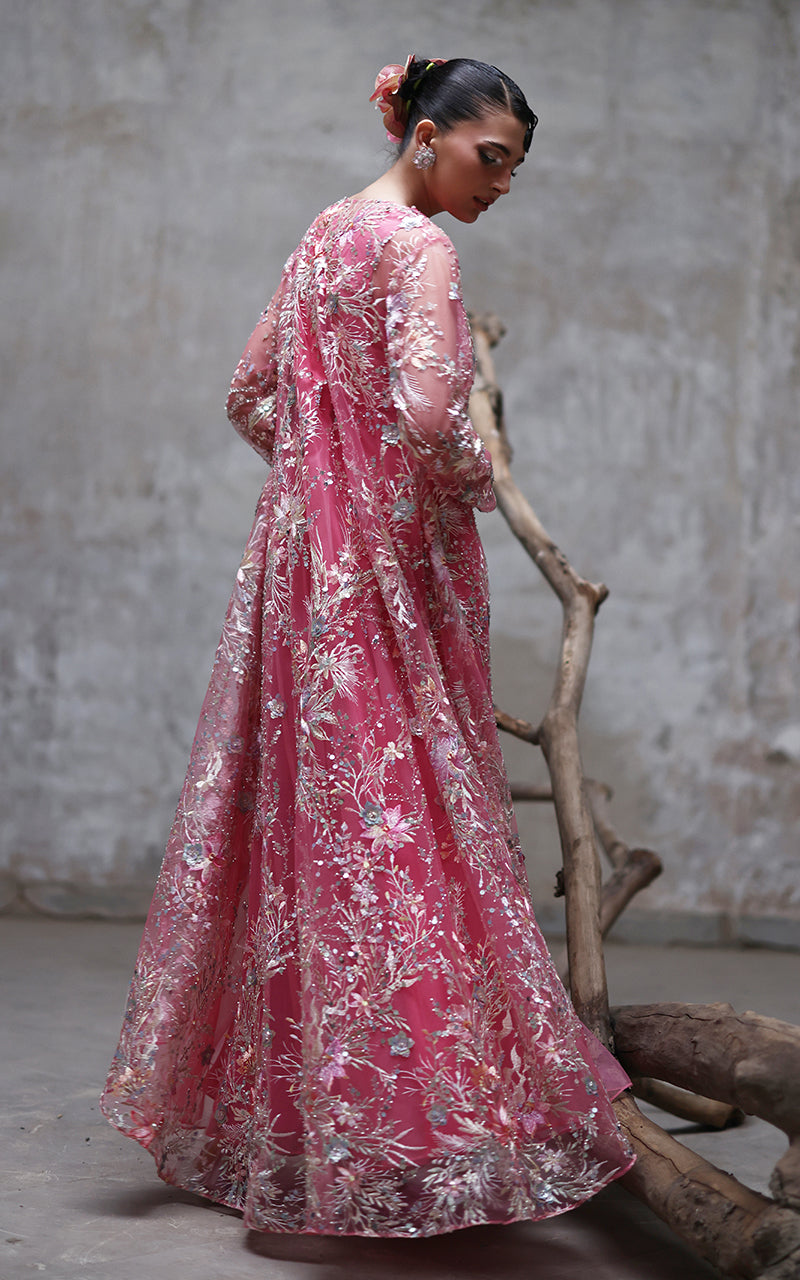 Pakistani Pink Embroidered Net Maxi with Jacket (2-Piece) - Image 6