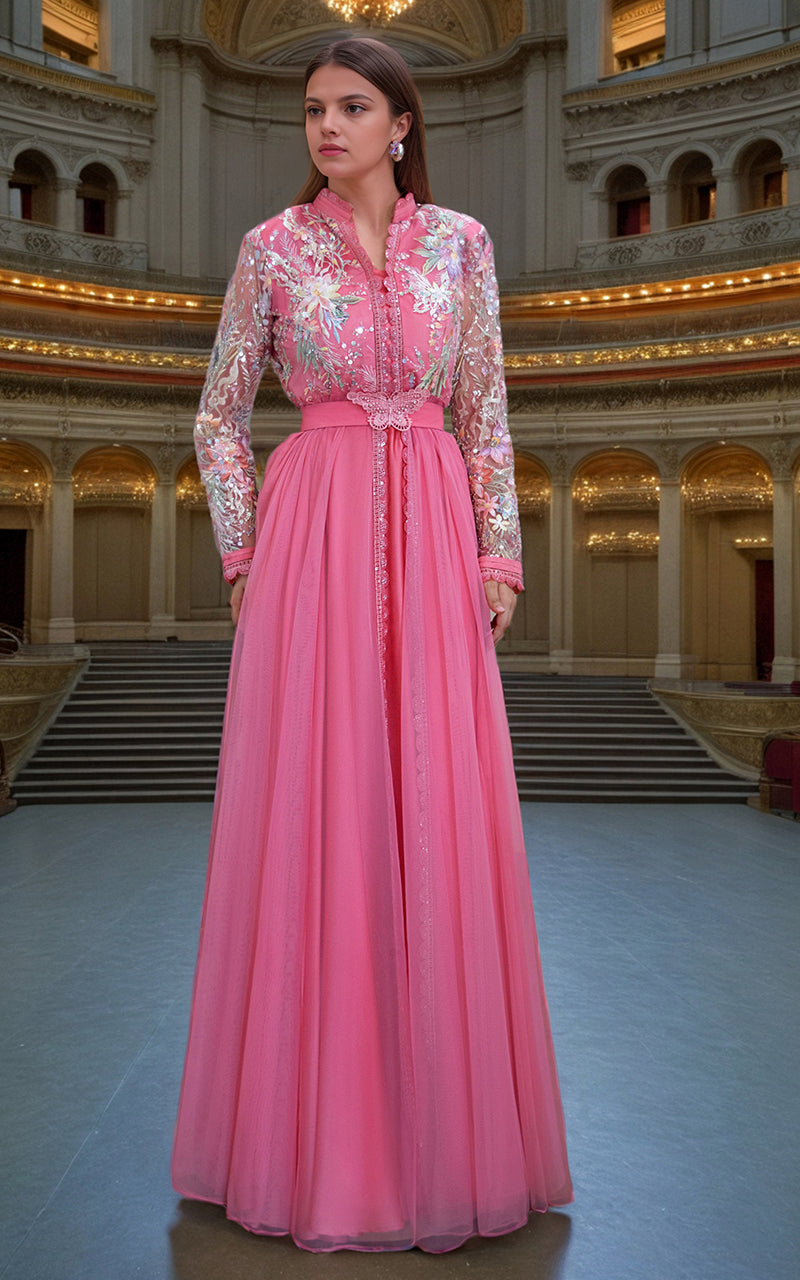 Pakistani Pink Embroidered Net Maxi Dress (1-Pc) - Image 1