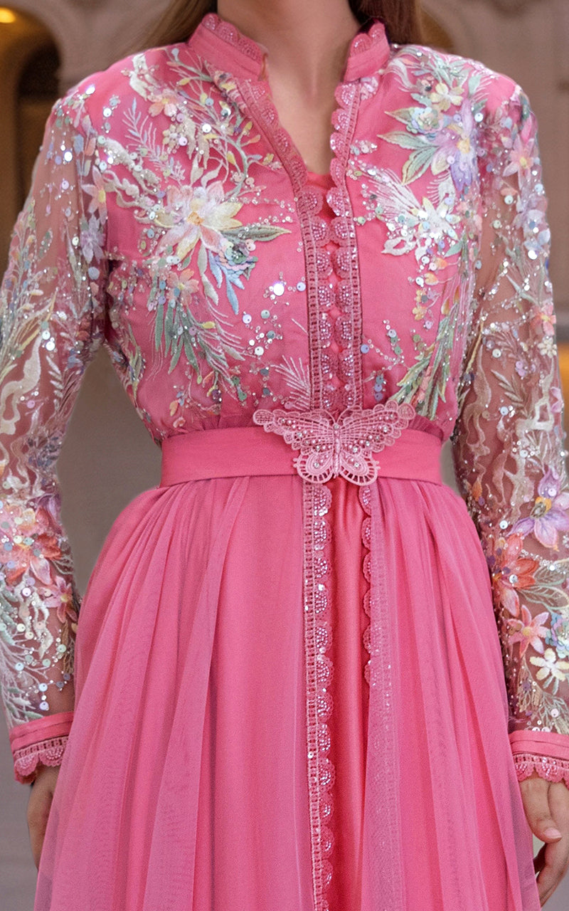 Pakistani Pink Embroidered Net Maxi Dress (1-Pc) - Image 3