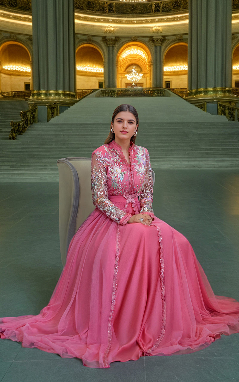 Pakistani Pink Embroidered Net Maxi Dress (1-Pc) - Image 4