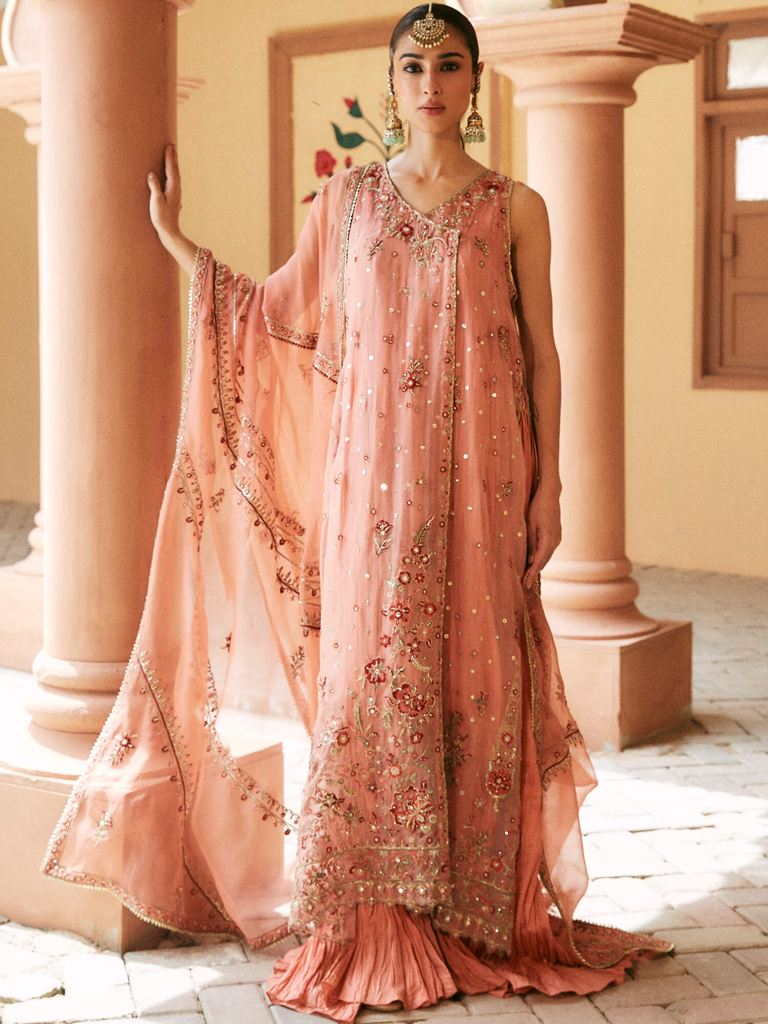 Coral Embroidered Organza Silk Maxi Dress (2-Piece) - Image 1