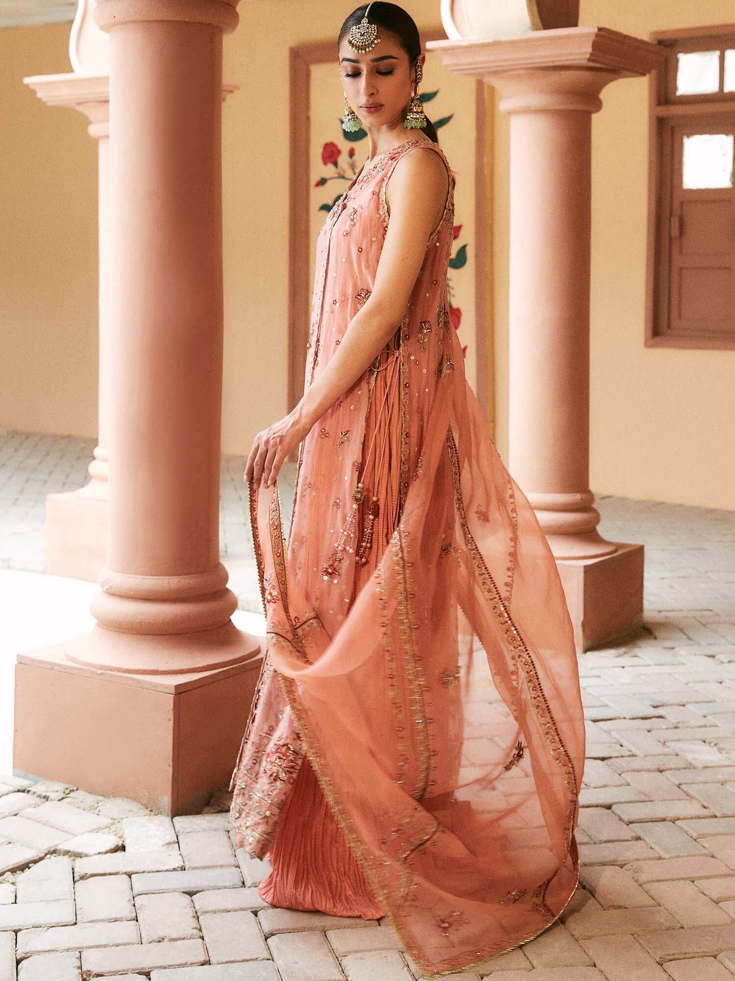 Coral Embroidered Organza Silk Maxi Dress (2-Piece) - Image 3