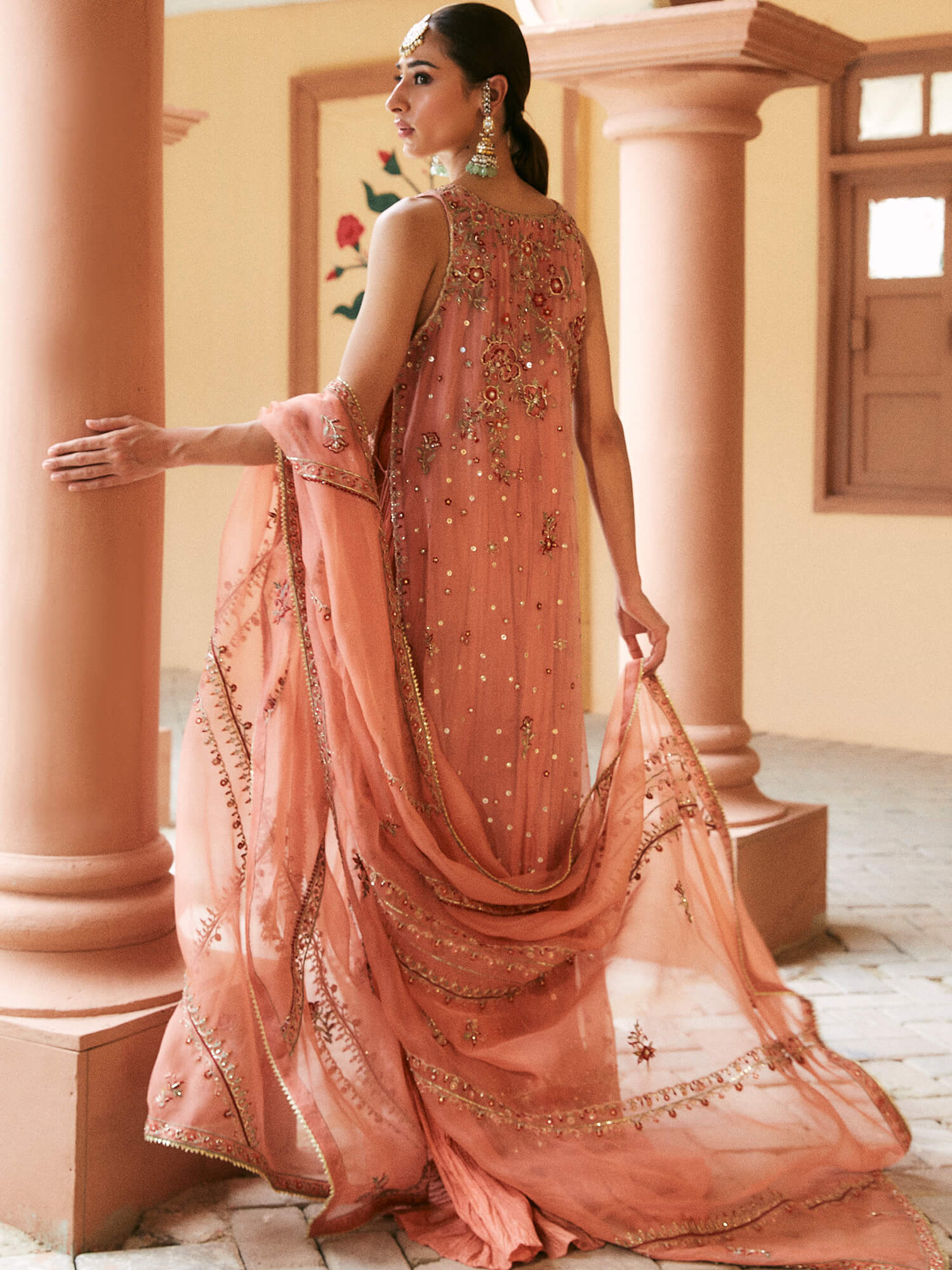 Coral Embroidered Organza Silk Maxi Dress (2-Piece) - Image 4