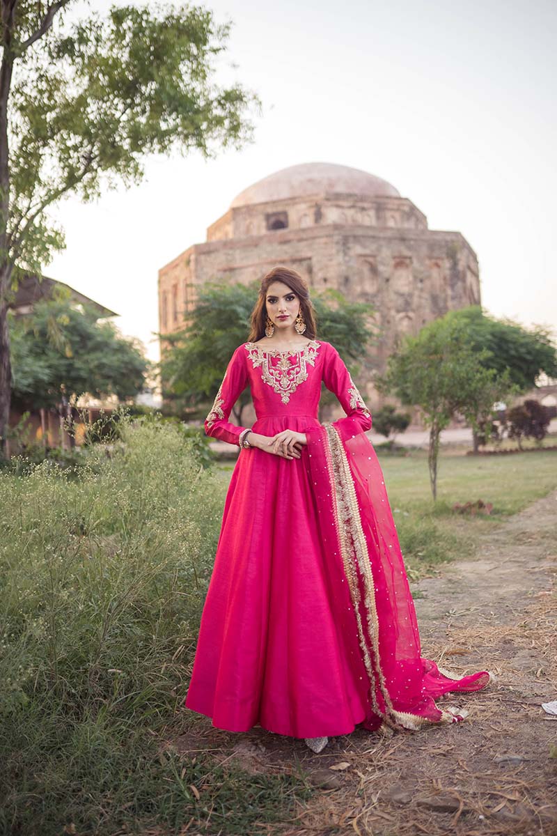 Pakistani Hot Pink Embroidered Raw Silk Maxi Dress (2-Piece) - Image 1