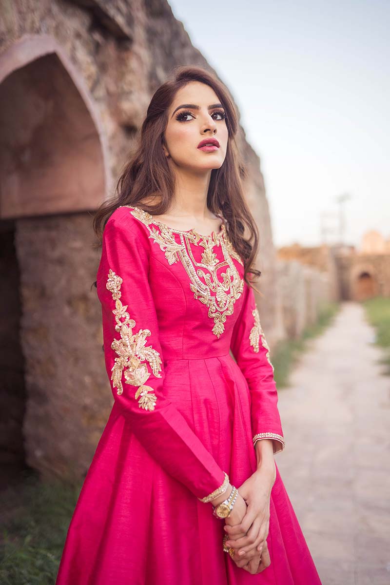 Pakistani Hot Pink Embroidered Raw Silk Maxi Dress (2-Piece) - Image 5