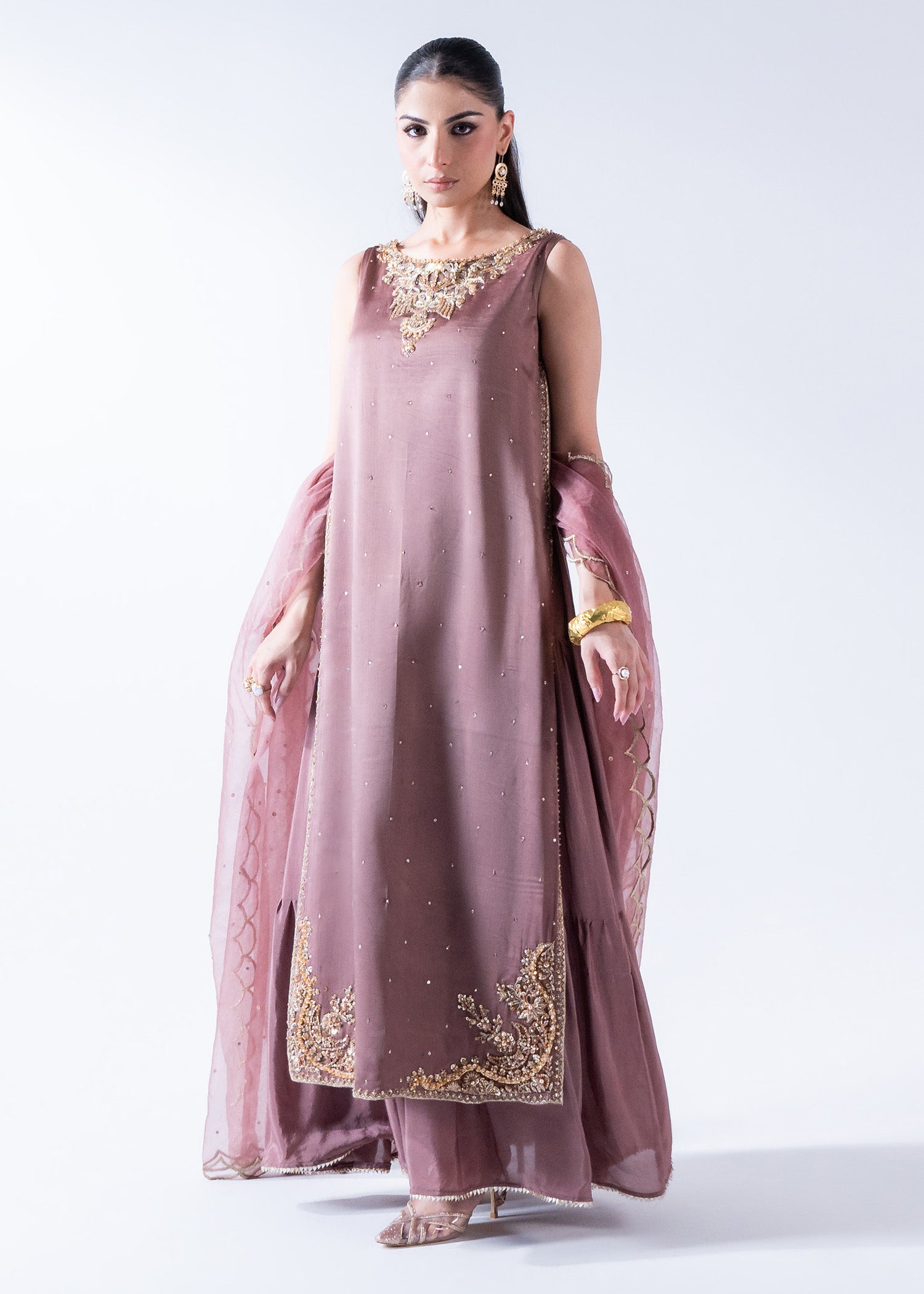 Pakistani Coffee Pink Ada Work Pure Silk Maxi (3-Piece) - Image 1