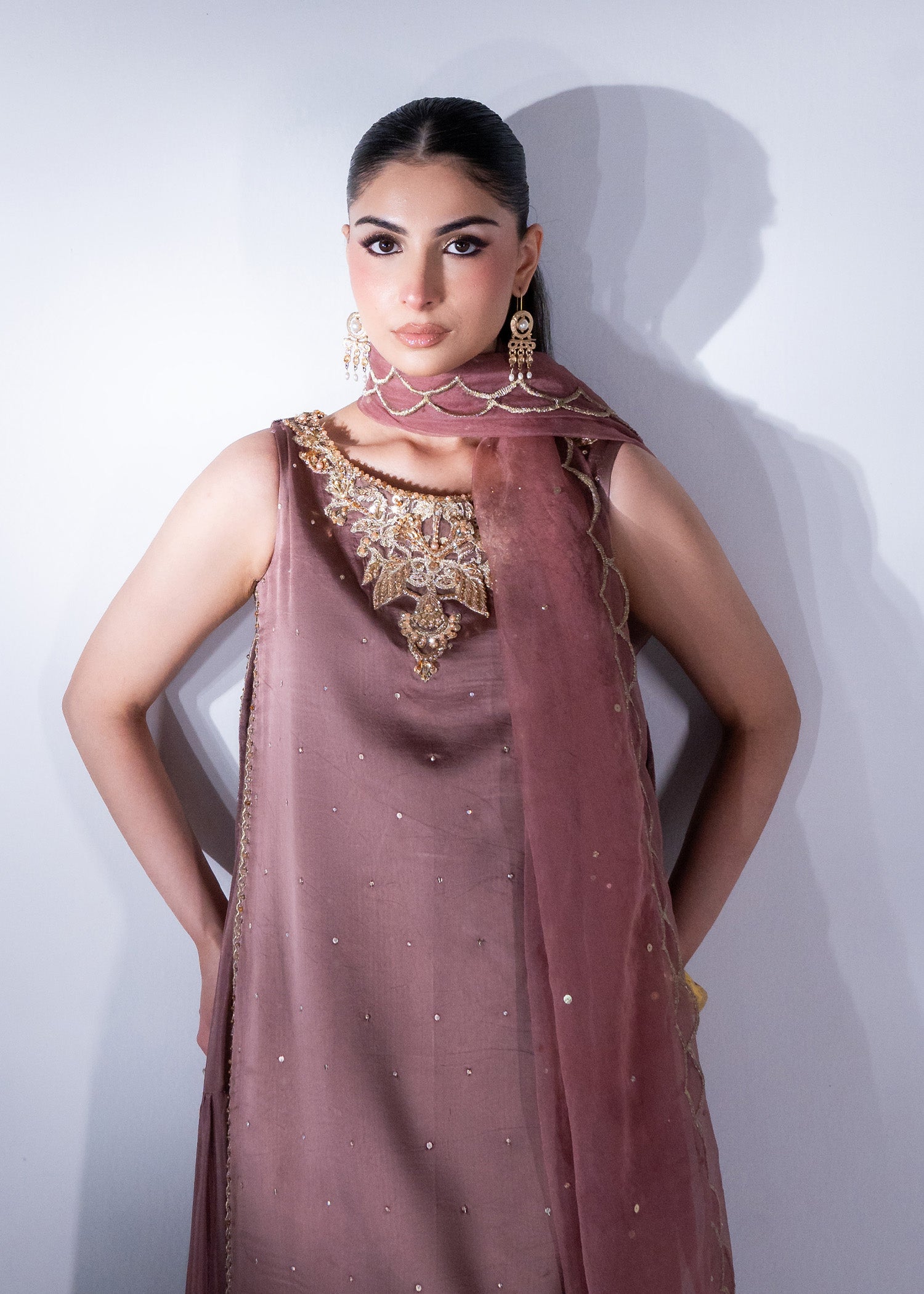 Pakistani Coffee Pink Ada Work Pure Silk Maxi (3-Piece) - Image 2
