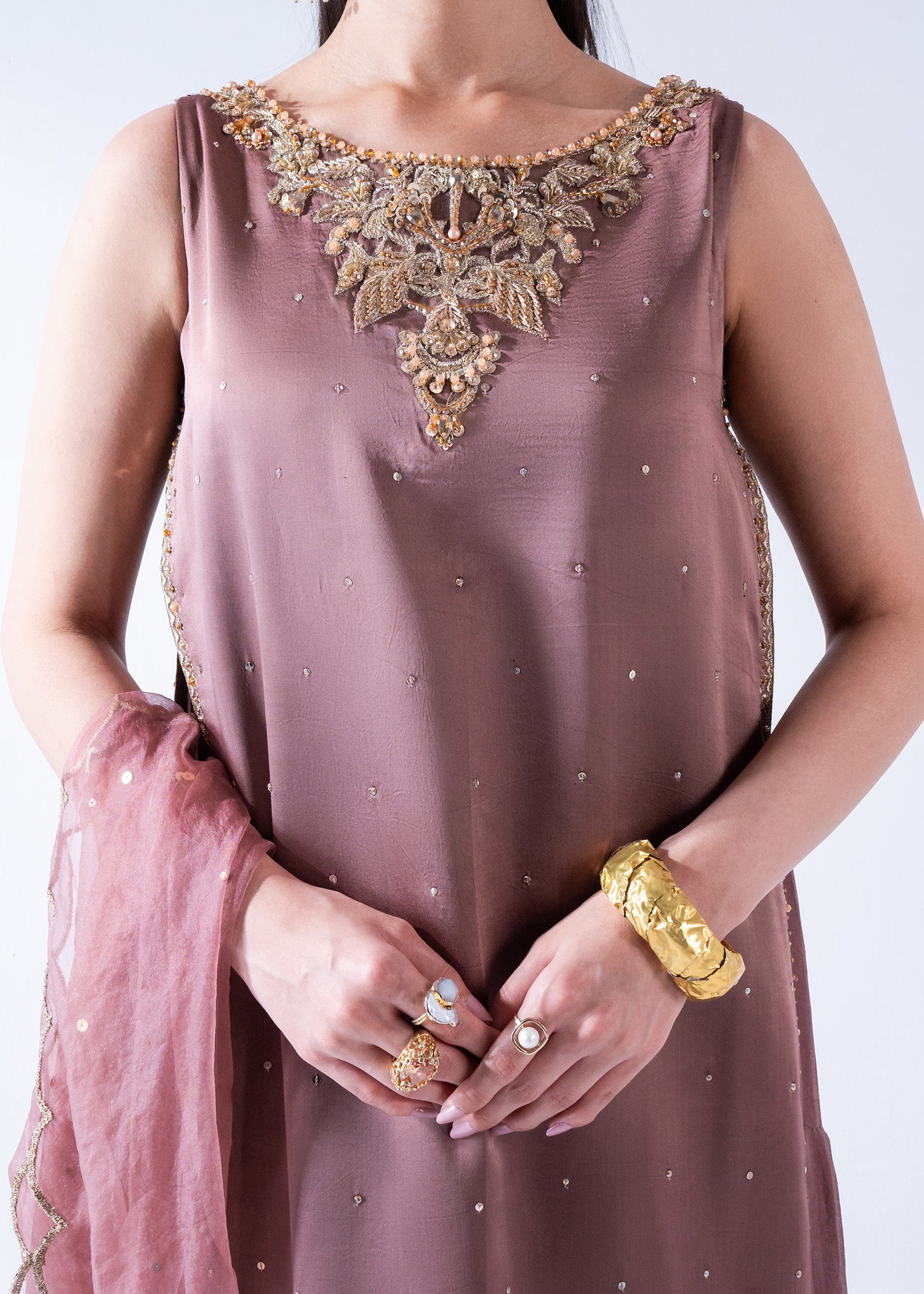 Pakistani Coffee Pink Ada Work Pure Silk Maxi (3-Piece) - Image 3