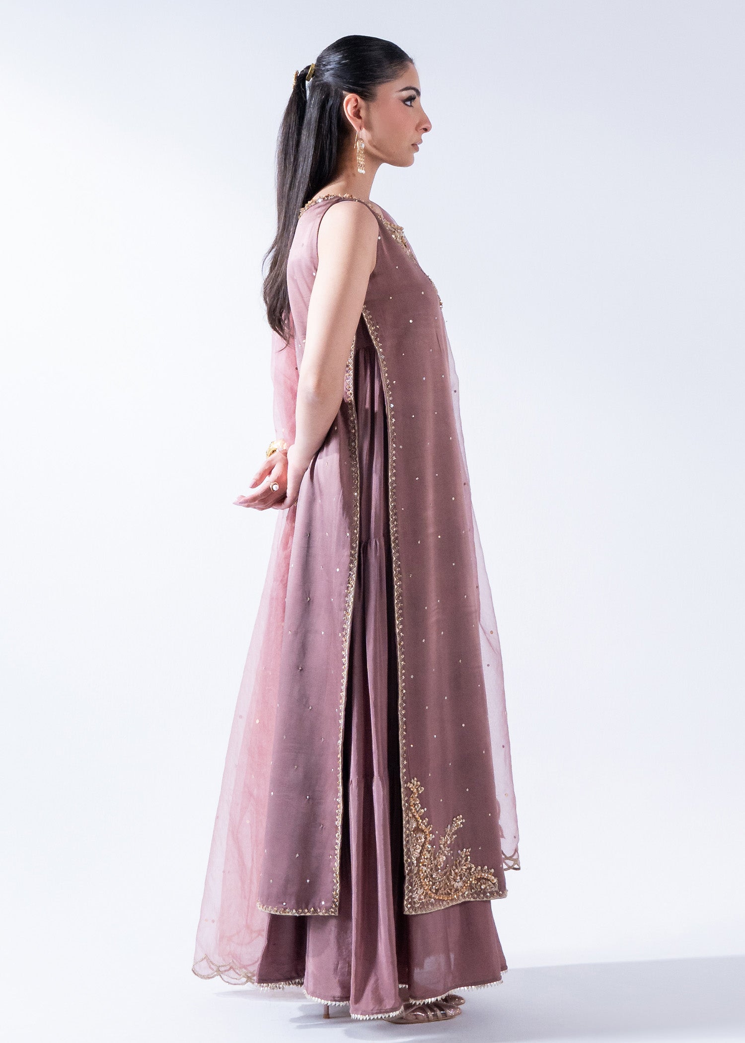 Pakistani Coffee Pink Ada Work Pure Silk Maxi (3-Piece) - Image 4