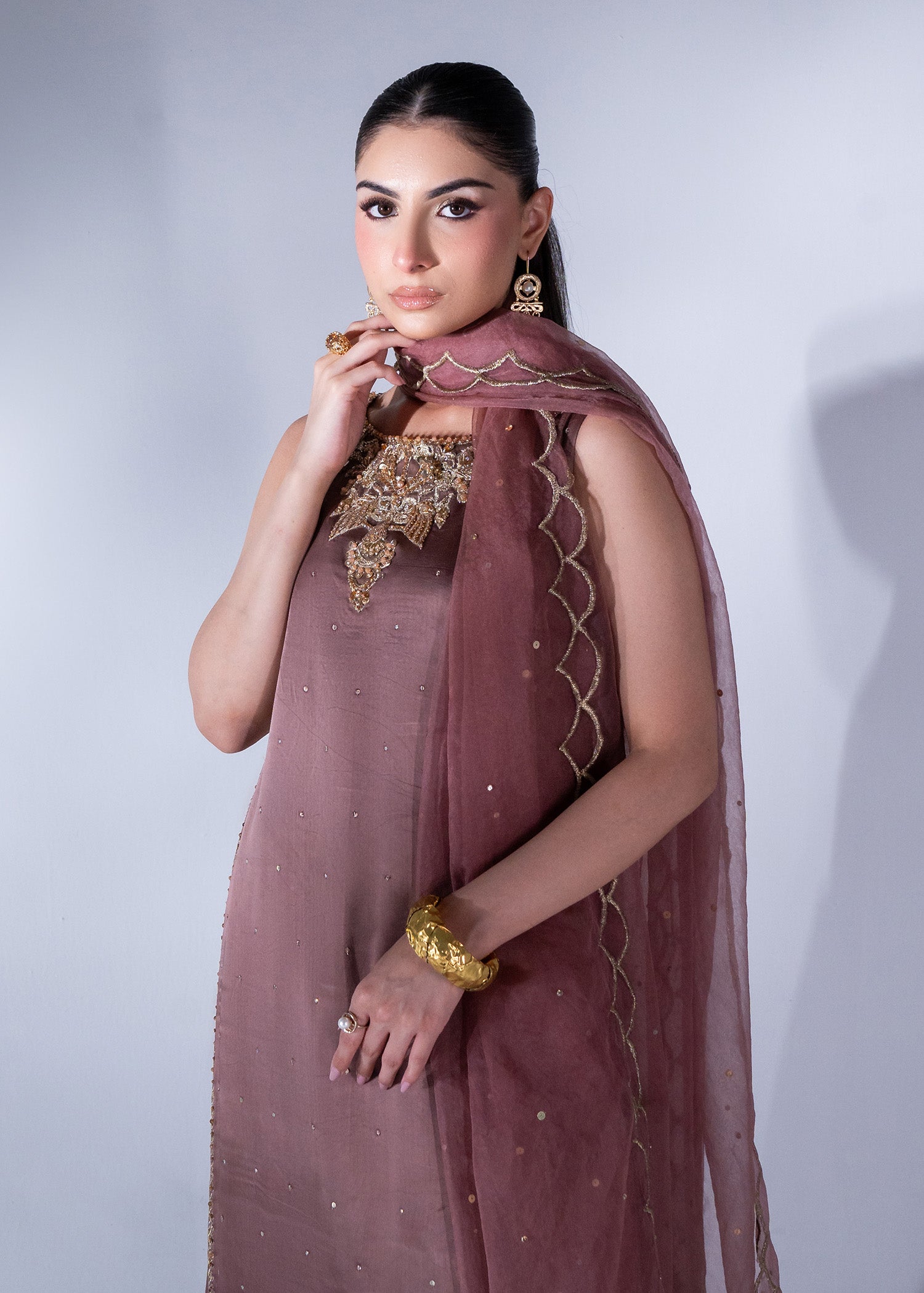 Pakistani Coffee Pink Ada Work Pure Silk Maxi (3-Piece) - Image 6