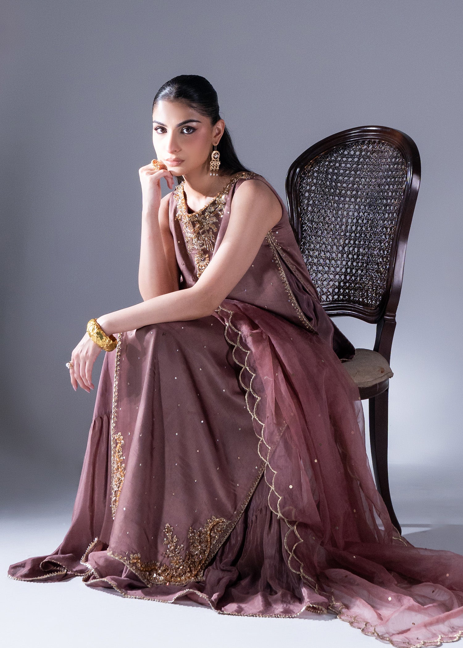 Pakistani Coffee Pink Ada Work Pure Silk Maxi (3-Piece) - Image 7