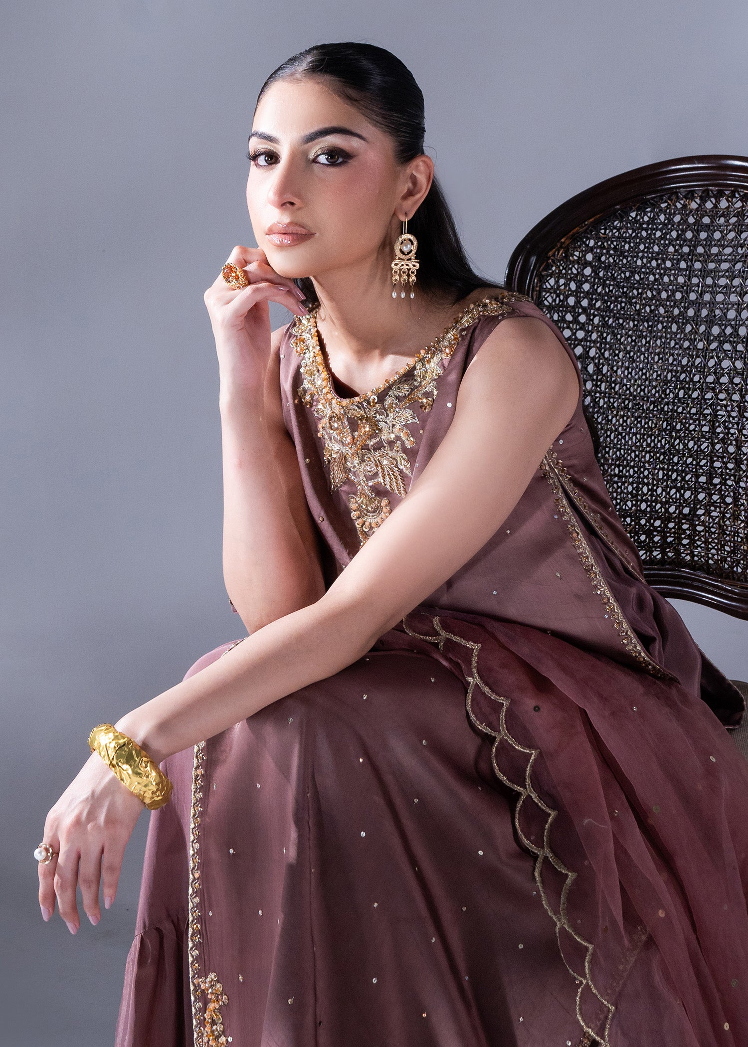 Pakistani Coffee Pink Ada Work Pure Silk Maxi (3-Piece) - Image 8