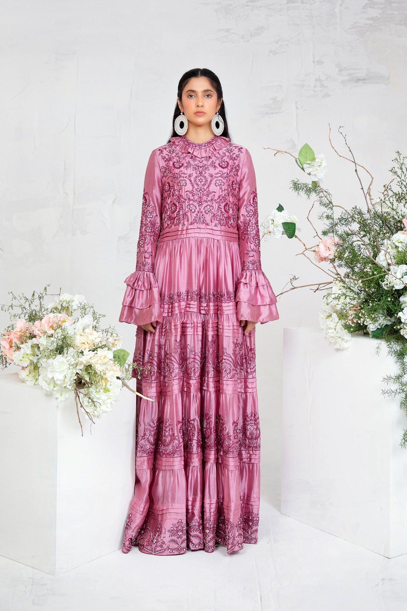 Rose Pink Embroidered Silk Tissue Maxi Dress (1-Pc) - Image 1