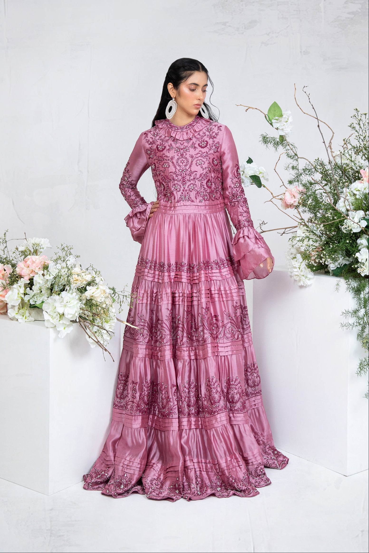 Rose Pink Embroidered Silk Tissue Maxi Dress (1-Pc) - Image 2