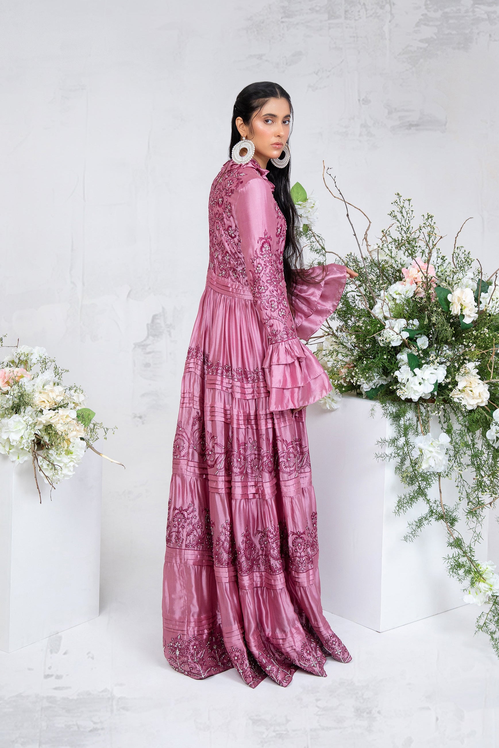 Rose Pink Embroidered Silk Tissue Maxi Dress (1-Pc) - Image 3