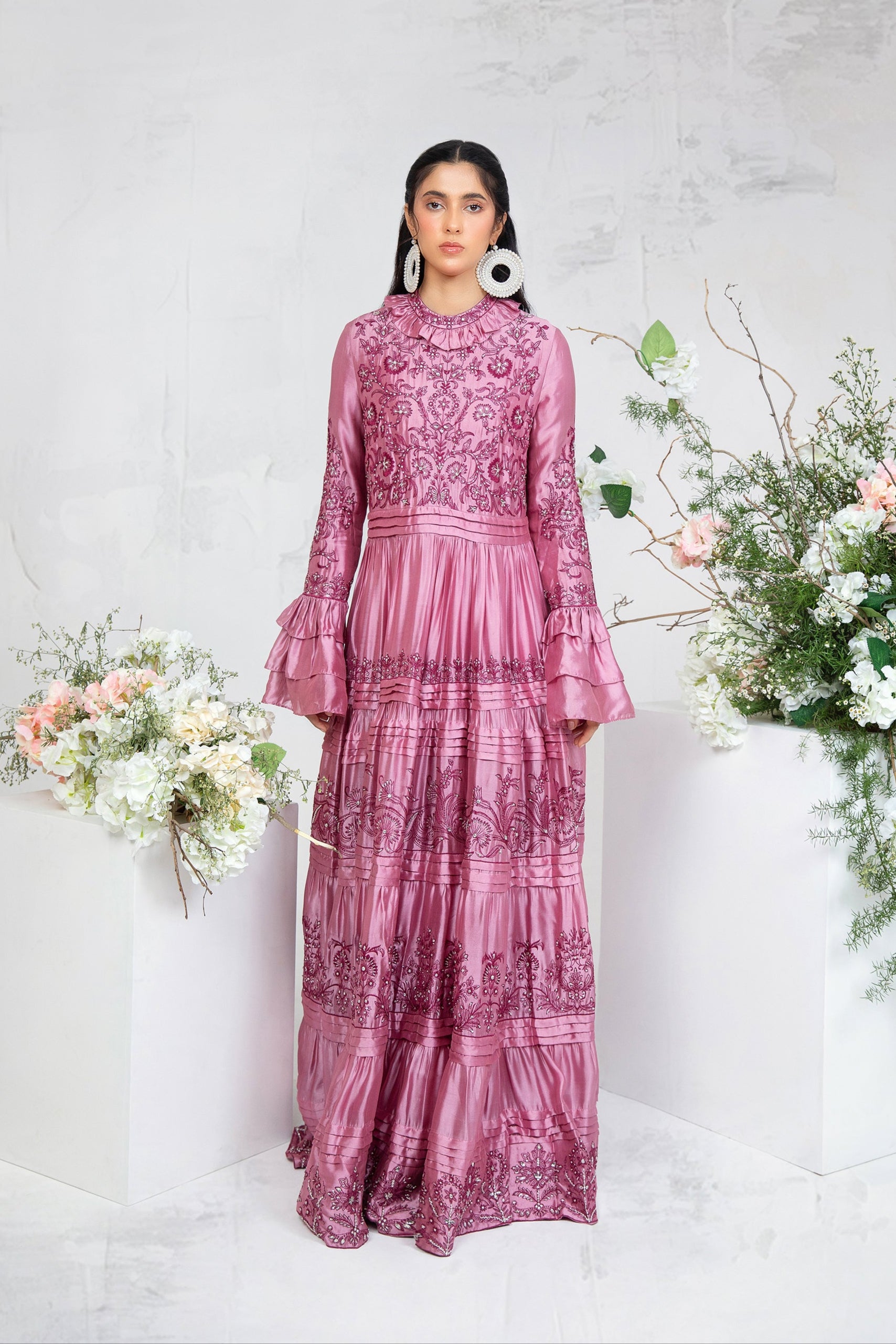 Rose Pink Embroidered Silk Tissue Maxi Dress (1-Pc) - Image 4