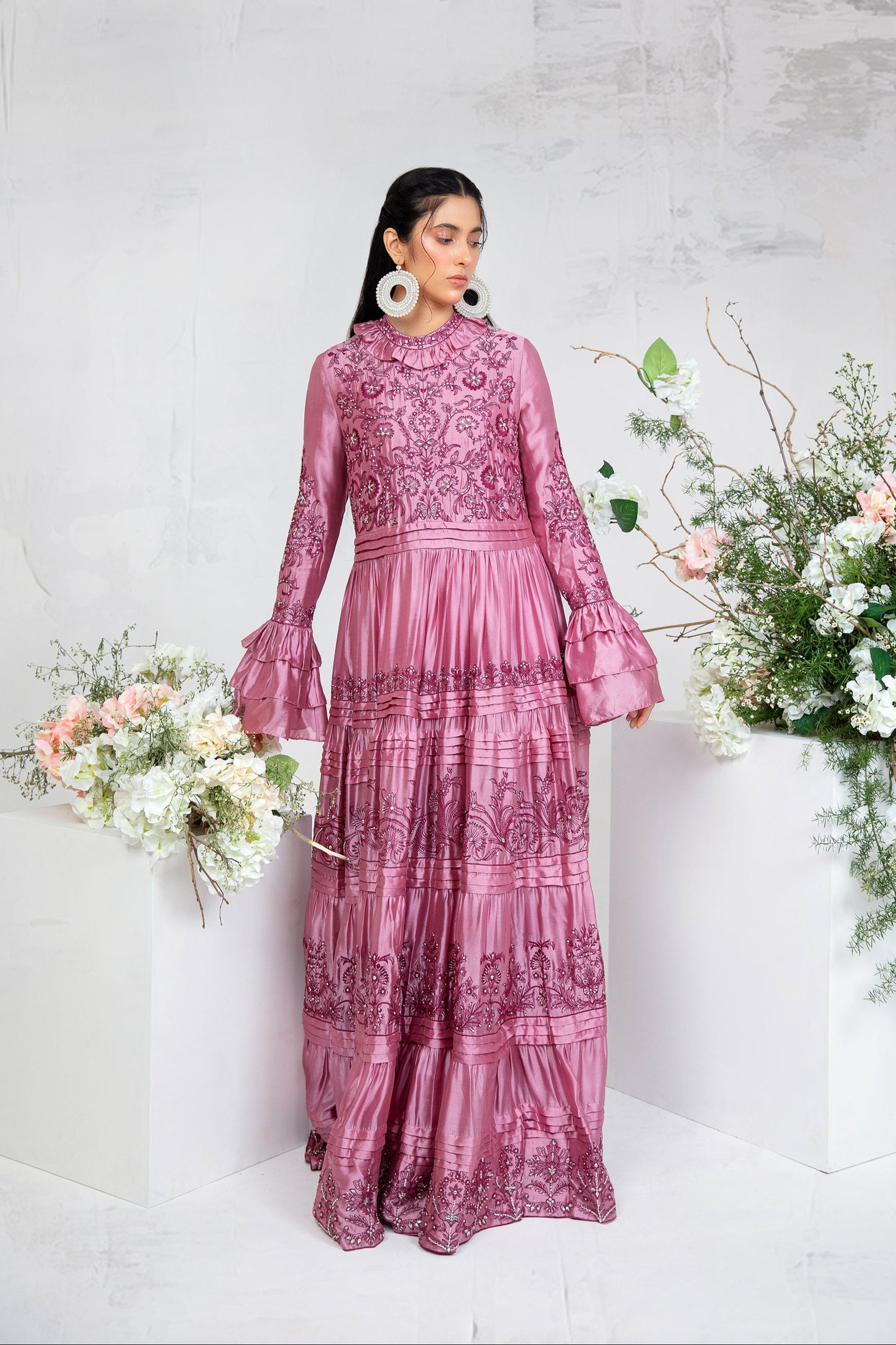Rose Pink Embroidered Silk Tissue Maxi Dress (1-Pc) - Image 5