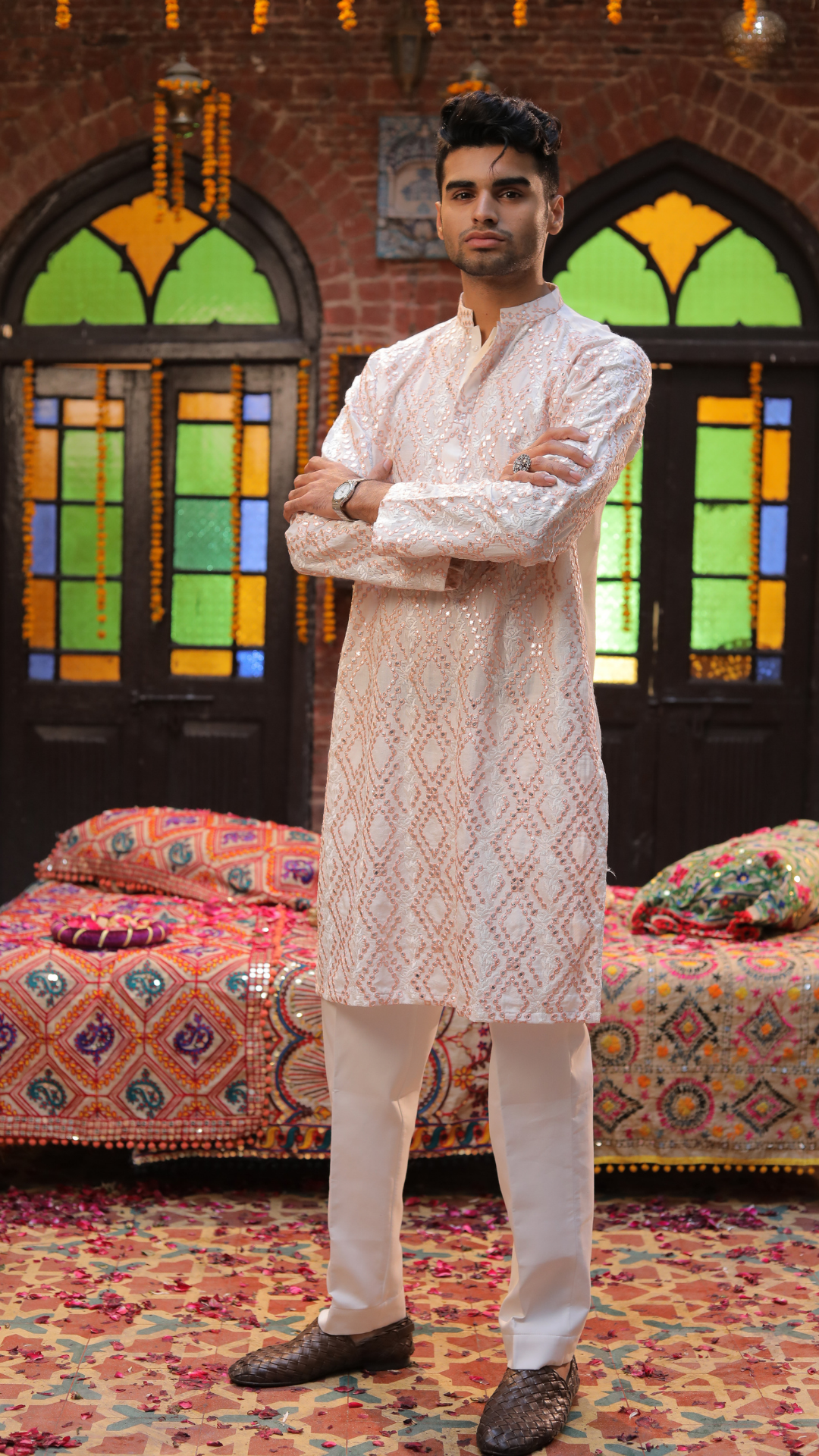 Peach Embellished Chanderi Kurta (2-Piece) - Image 1