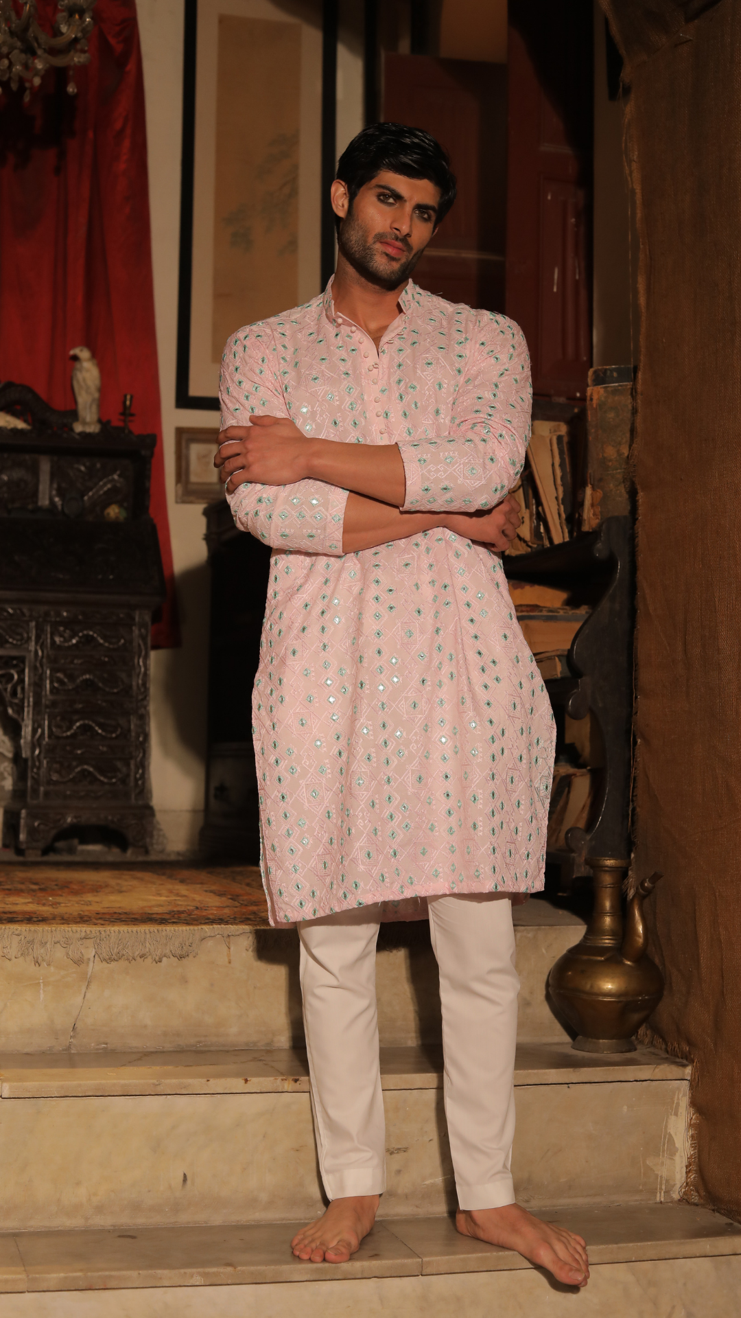 Peach Embroidered Pure Chanderi Men’s Kurta (2-Piece) - Image 2