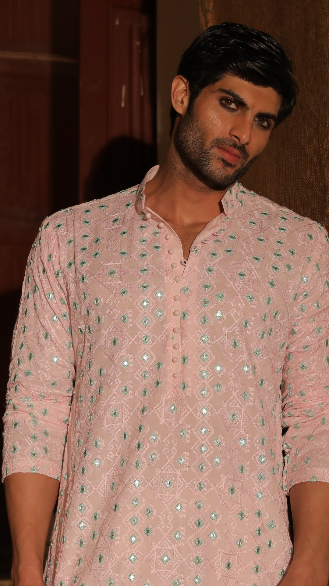 Peach Embroidered Pure Chanderi Men’s Kurta (2-Piece) - Image 4