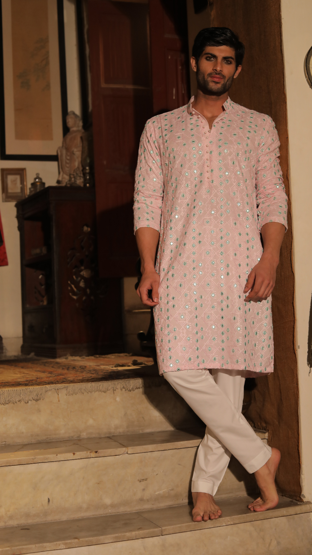 Peach Embroidered Pure Chanderi Men’s Kurta (2-Piece) - Image 6
