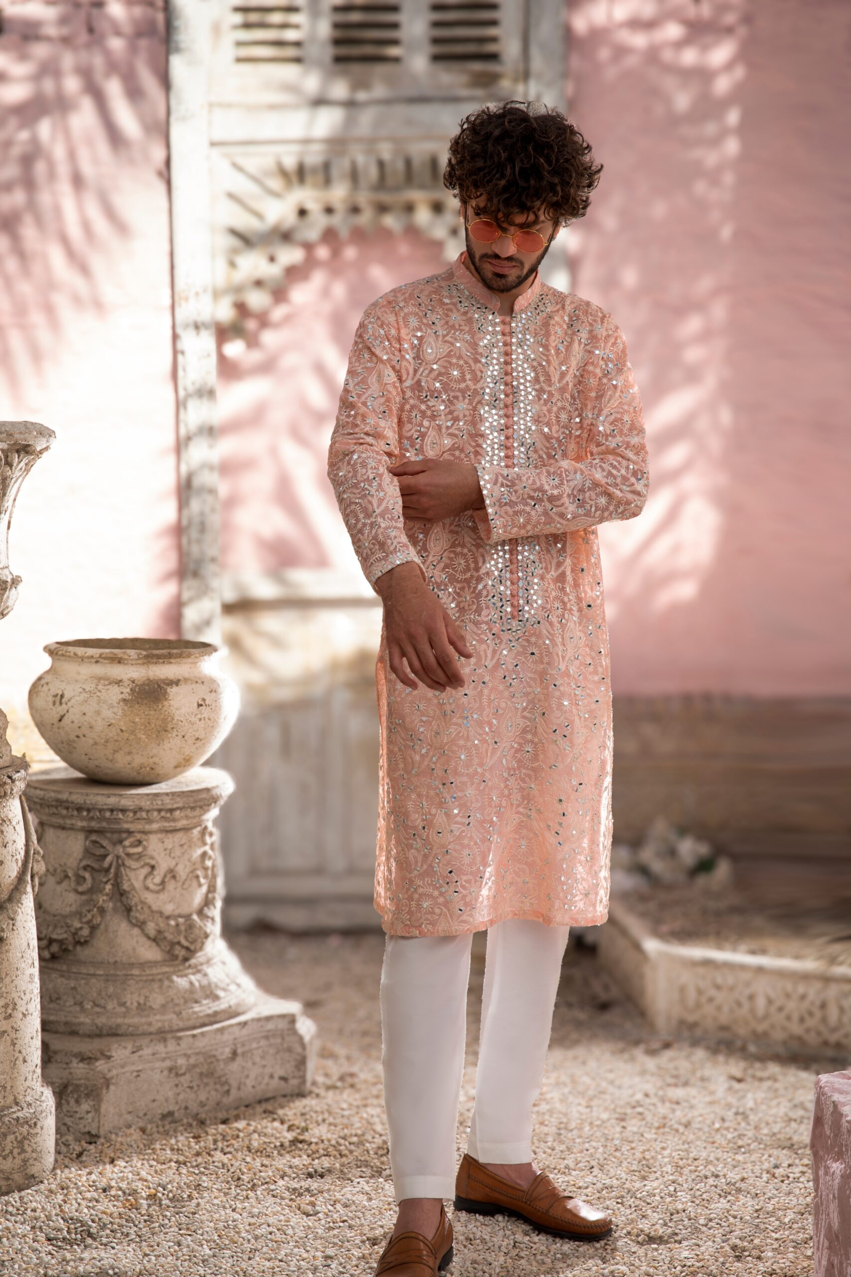 Peach Chikankari Mirror-Embroidered Cotton-Silk Men's Kurta (2-Piece) - Image 1