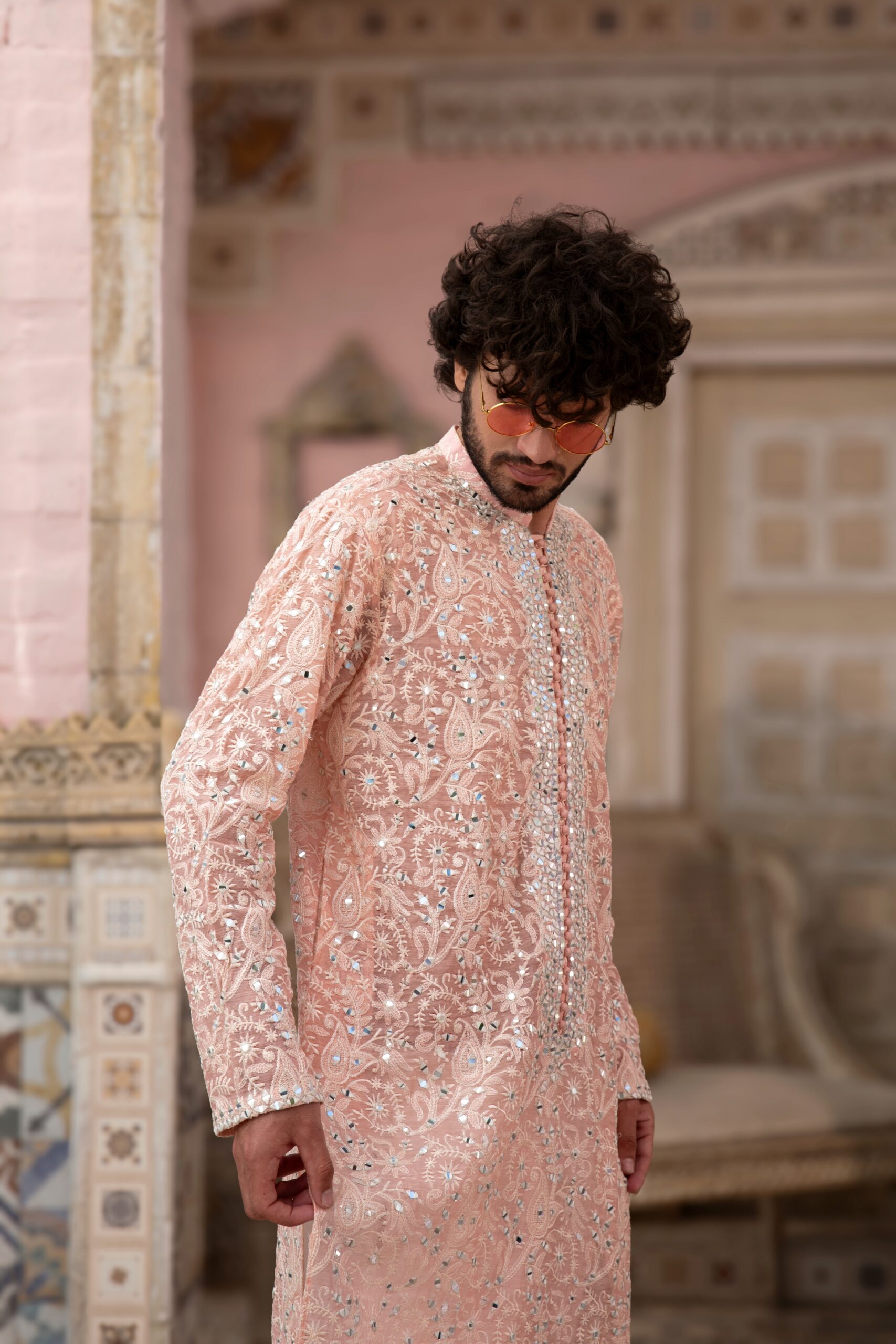 Peach Chikankari Mirror-Embroidered Cotton-Silk Men's Kurta (2-Piece) - Image 2