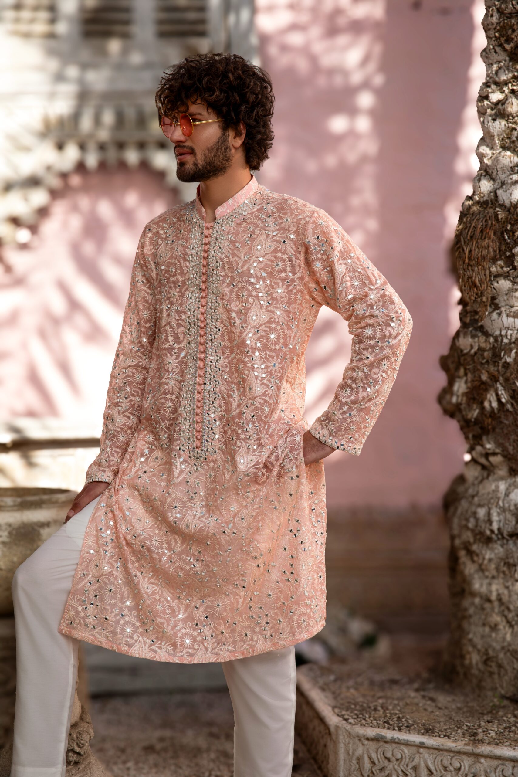 Peach Chikankari Mirror-Embroidered Cotton-Silk Men's Kurta (2-Piece) - Image 4