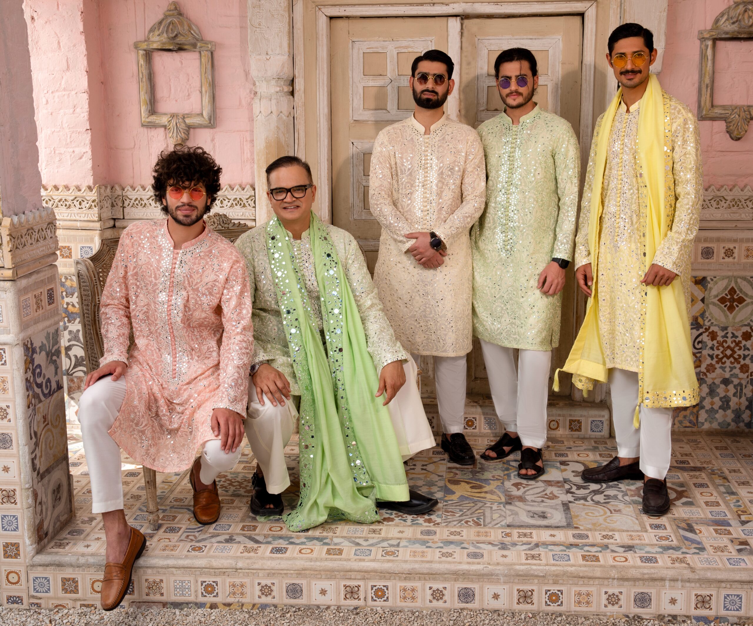 Peach Chikankari Mirror-Embroidered Cotton-Silk Men's Kurta (2-Piece) - Image 5