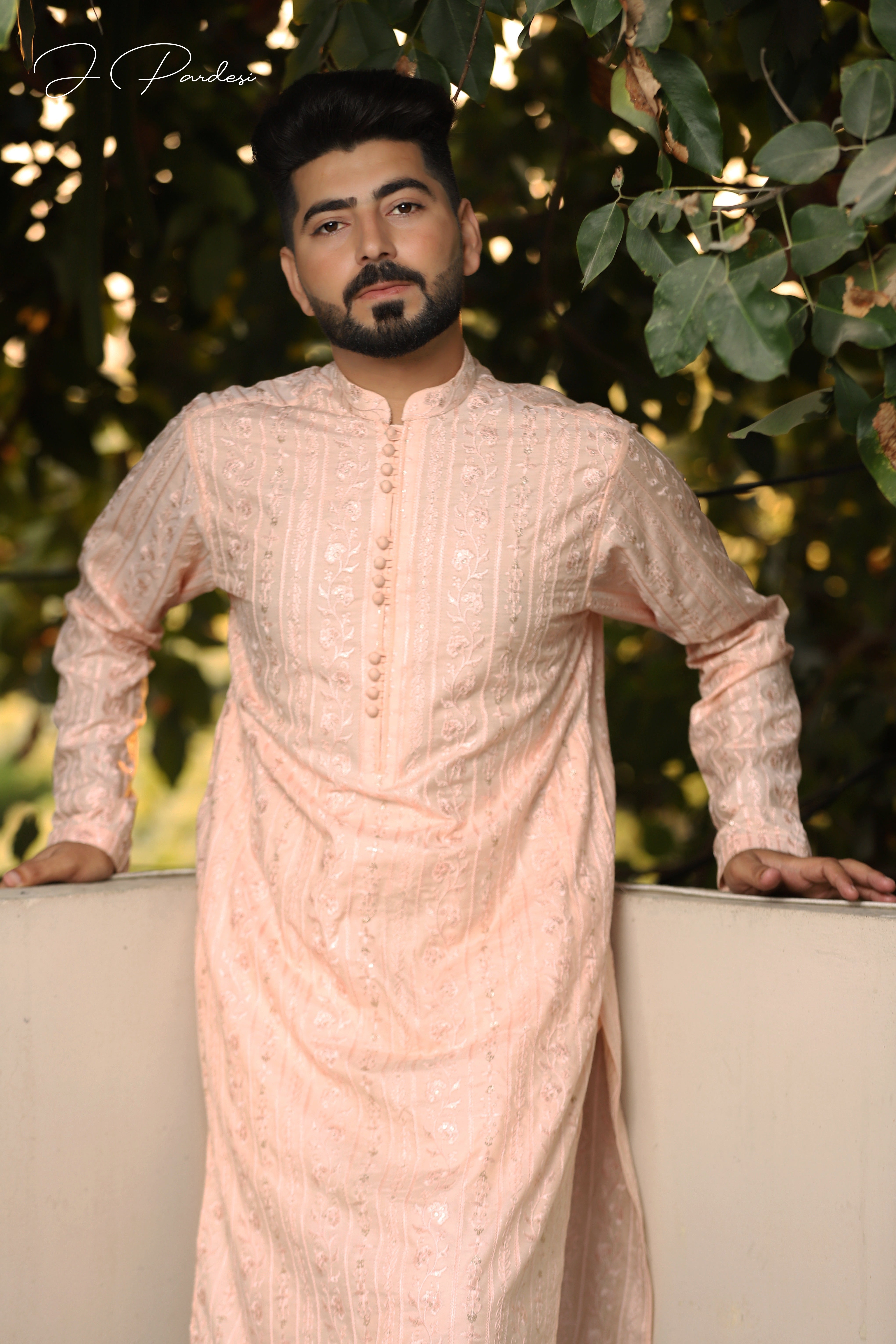 Peach Embroidered Cotton-Silk Kurta (2-Piece) - Image 1