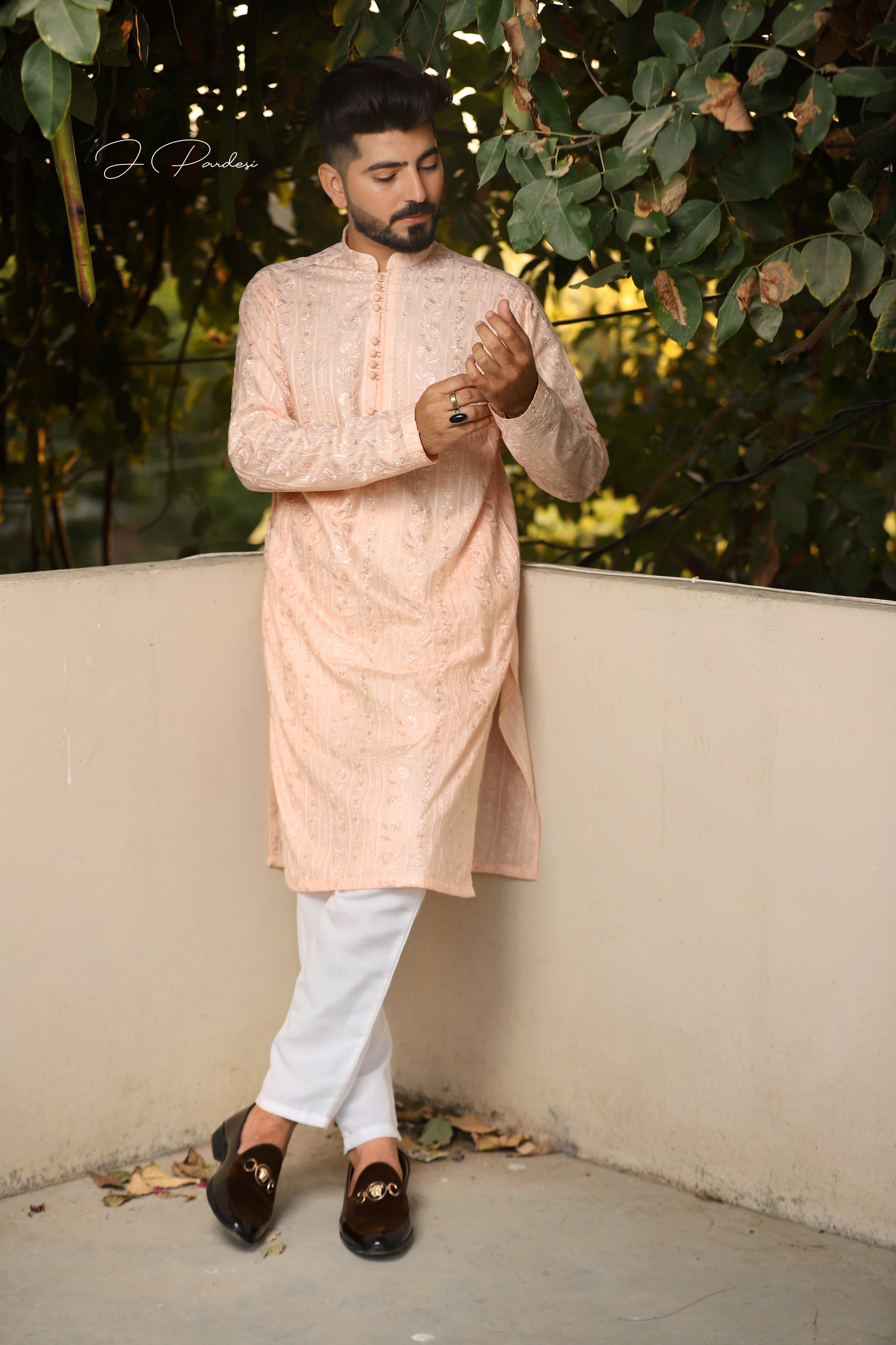 Peach Embroidered Cotton-Silk Kurta (2-Piece) - Image 2