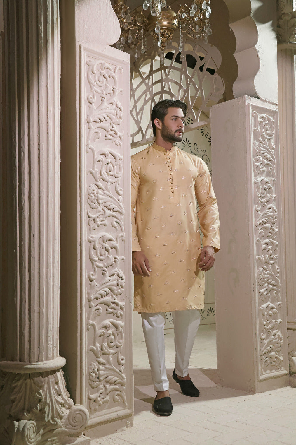 Peach Embroidered Cotton Silk Kurta (2-Piece) - Image 1