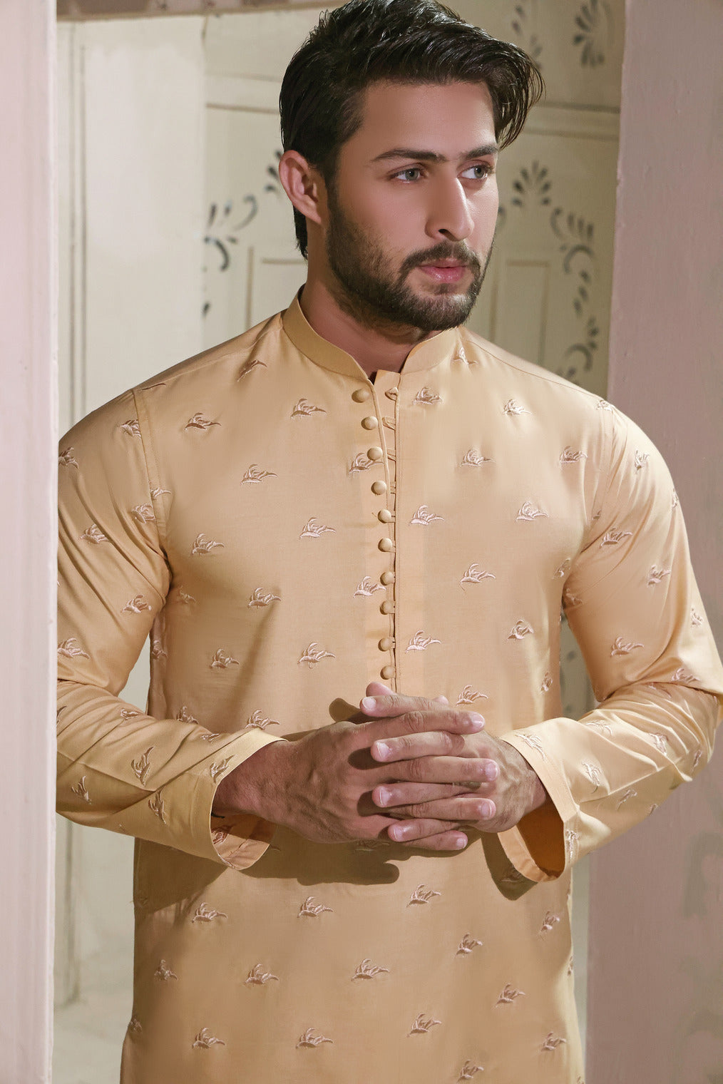 Peach Embroidered Cotton Silk Kurta (2-Piece) - Image 2
