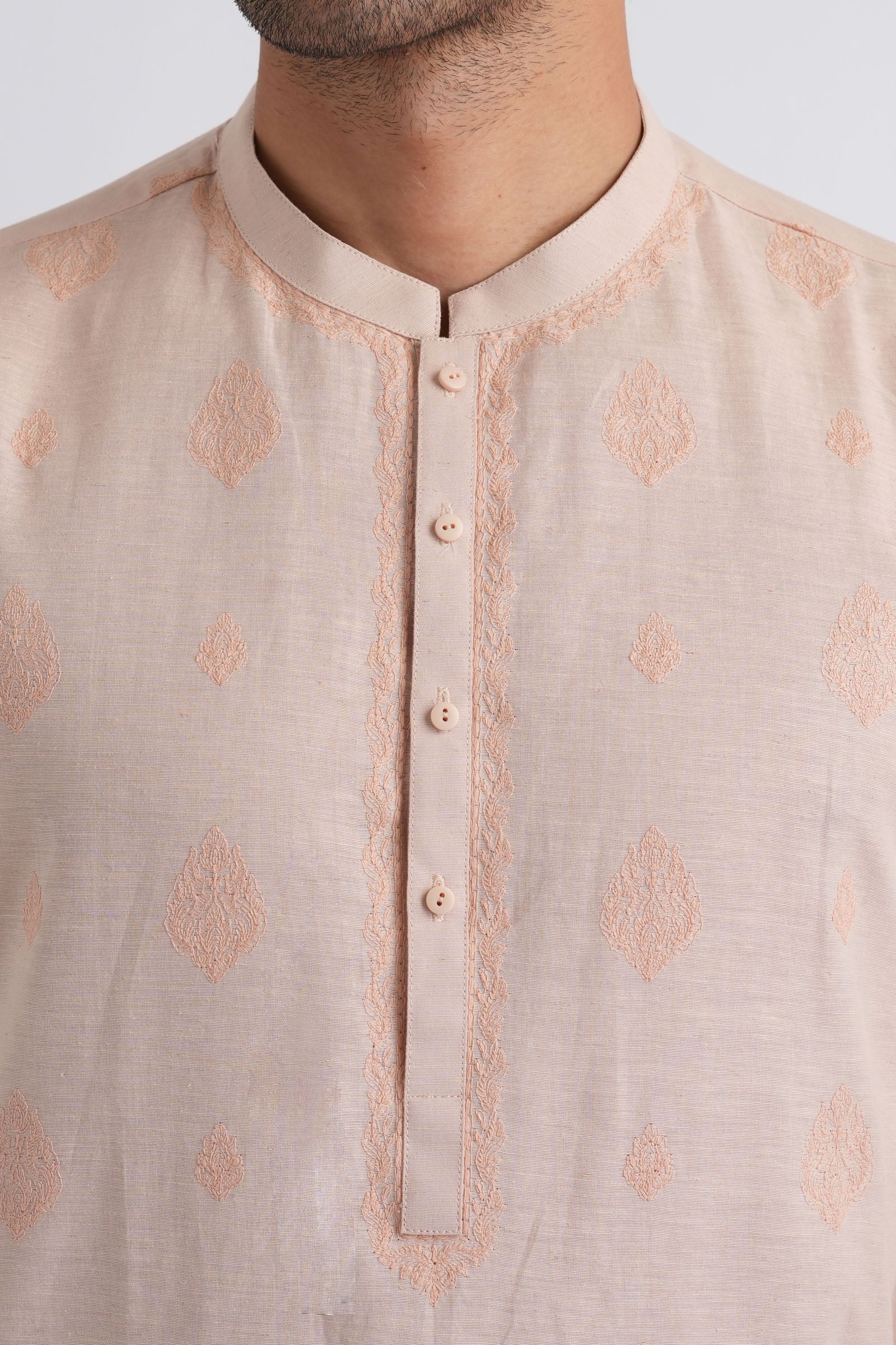 Soft Pink Embroidered Egyptian Cotton Kurta (2-Piece) - Image 2