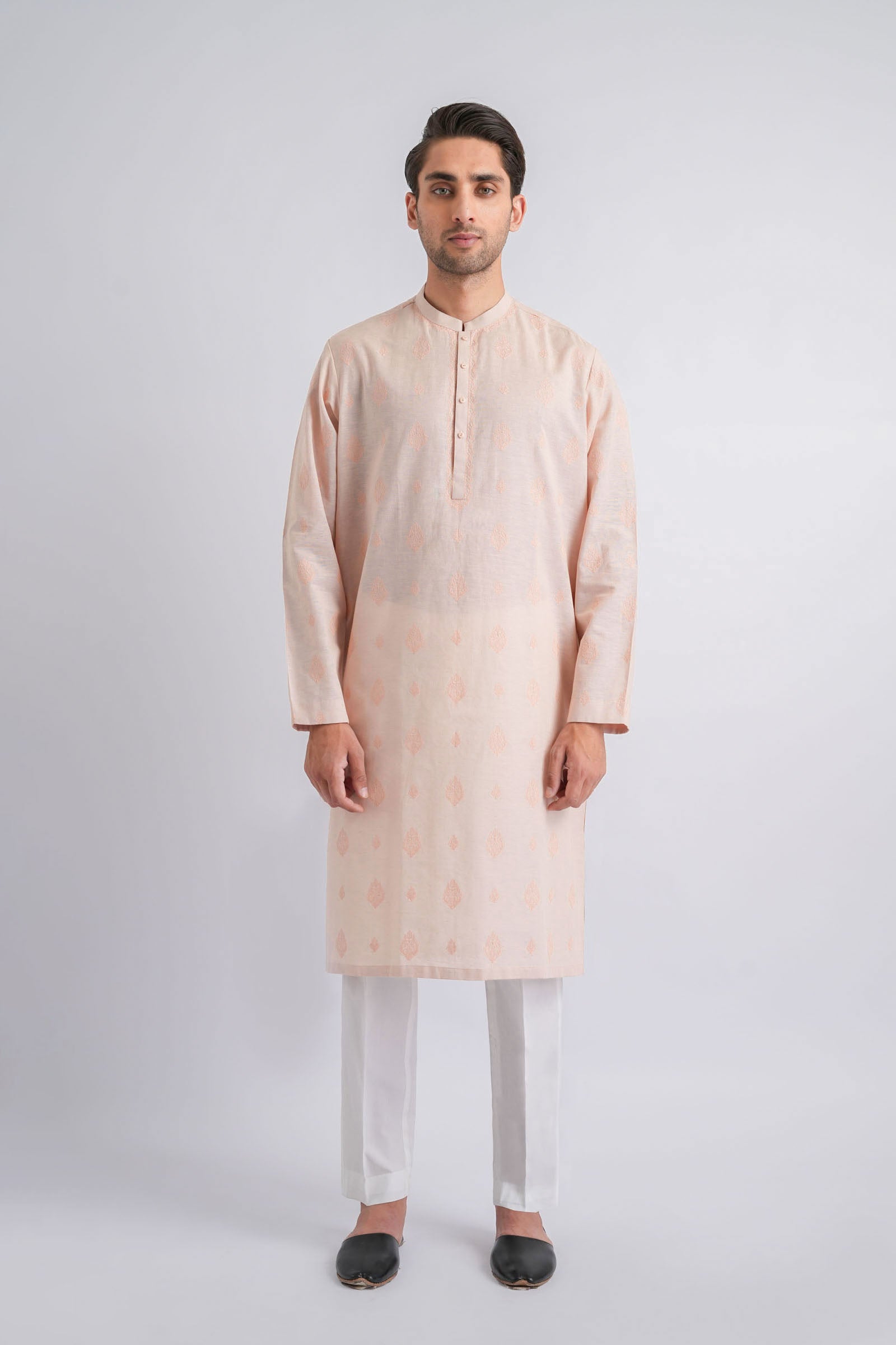 Soft Pink Embroidered Egyptian Cotton Kurta (2-Piece) - Image 3