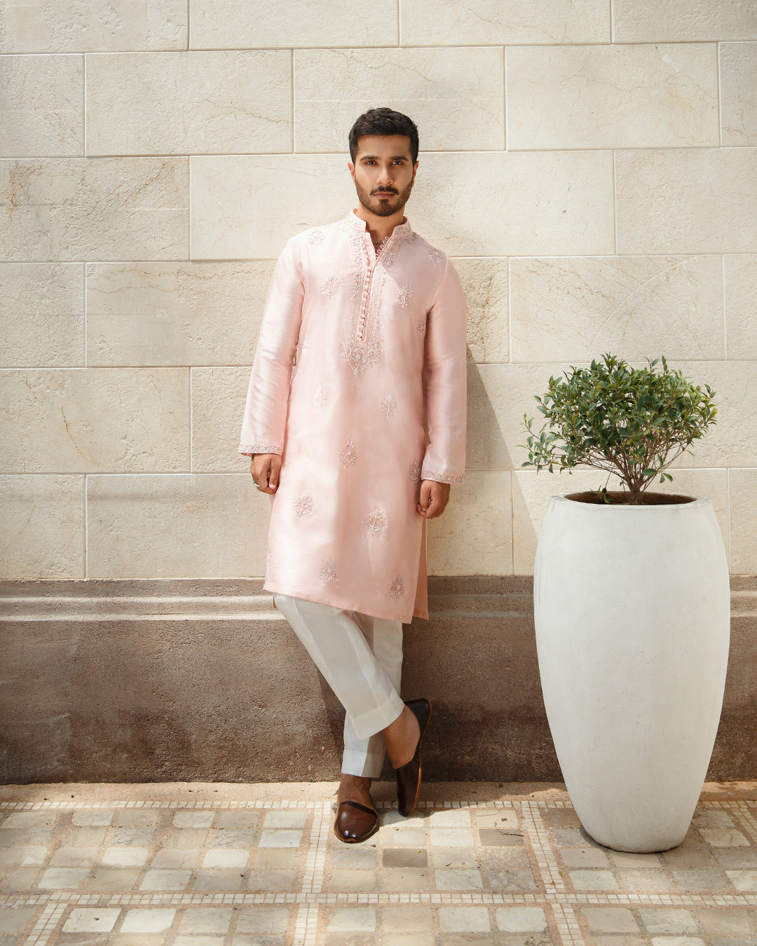 Powder Pink Embroidered Korean Raw Silk Kurta (2-Piece) - Image 1