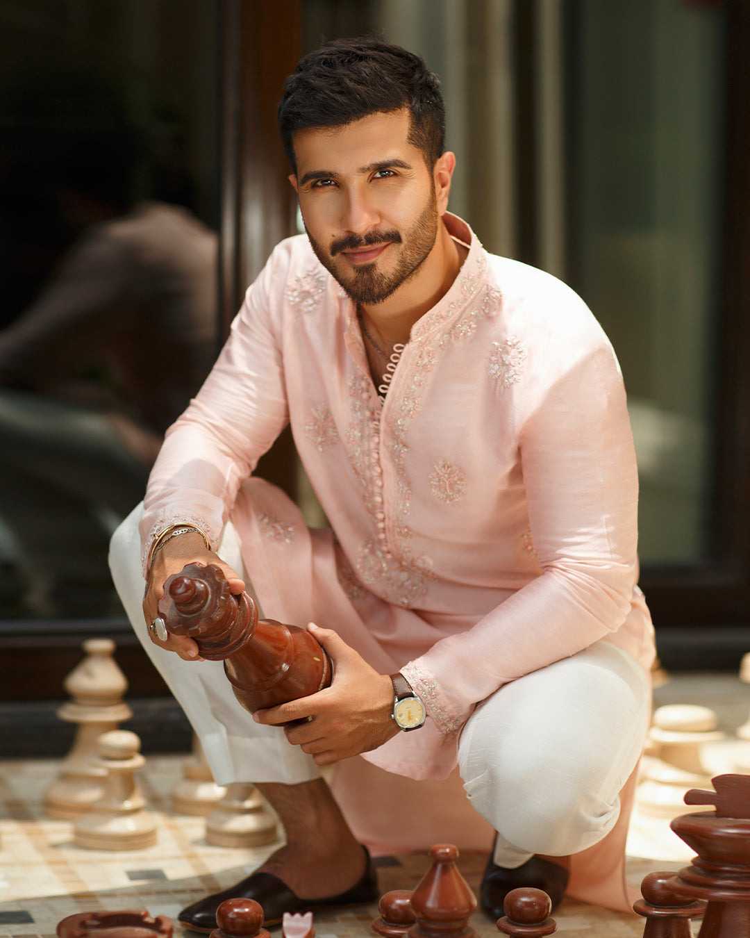 Powder Pink Embroidered Korean Raw Silk Kurta (2-Piece) - Image 2