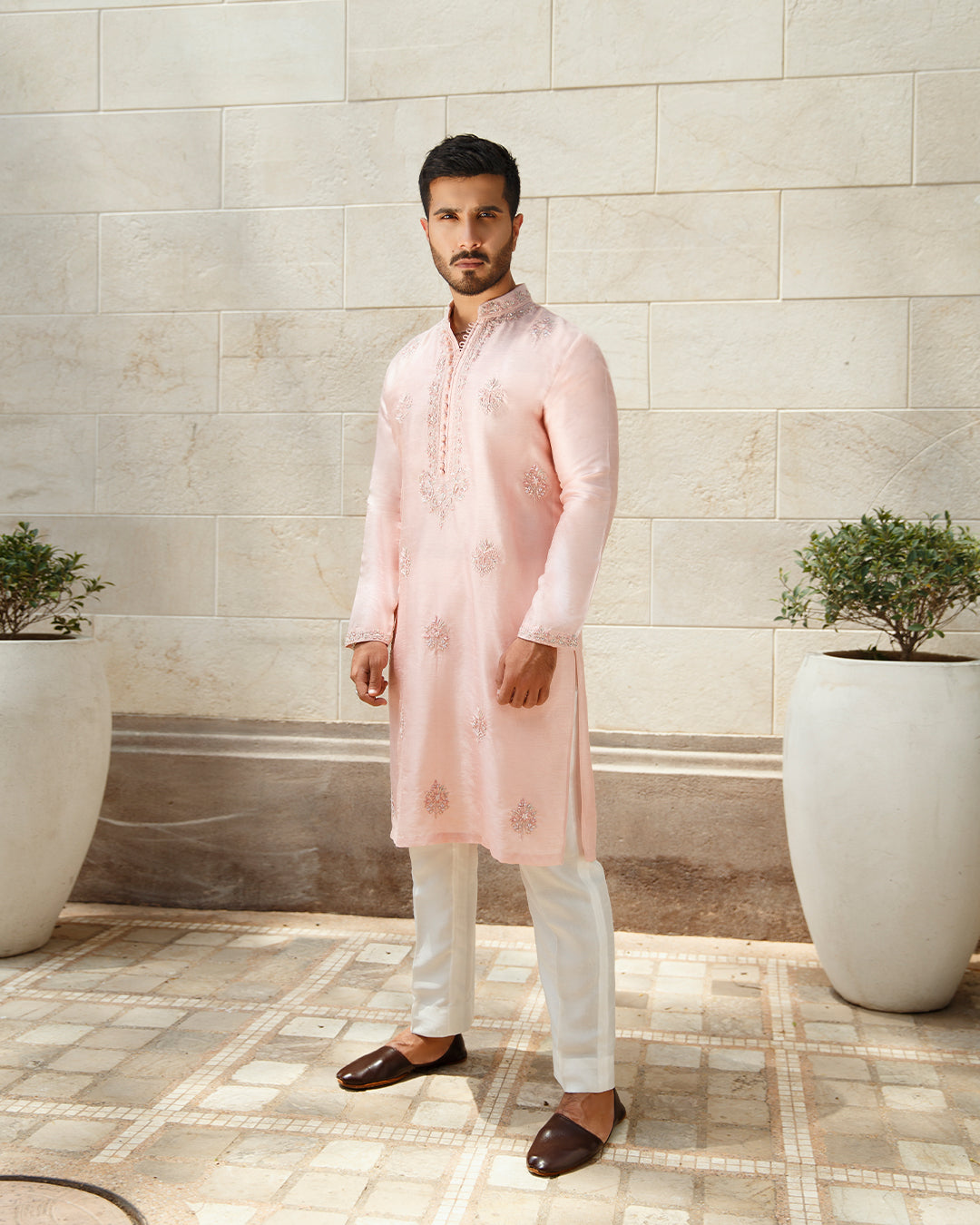 Powder Pink Embroidered Korean Raw Silk Kurta (2-Piece) - Image 3