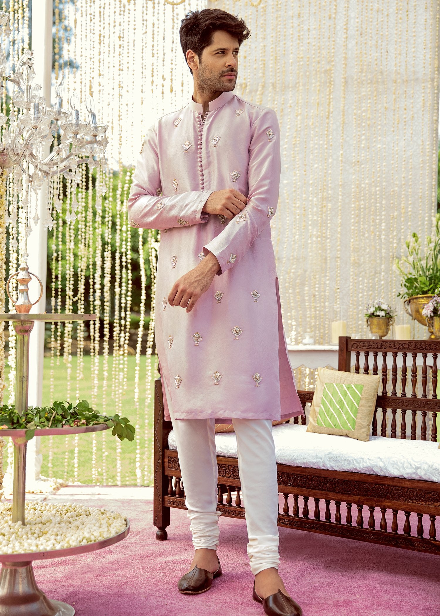 Pink Hand-Embellished Korean Rawsilk Kurta (2-Piece) - Image 1