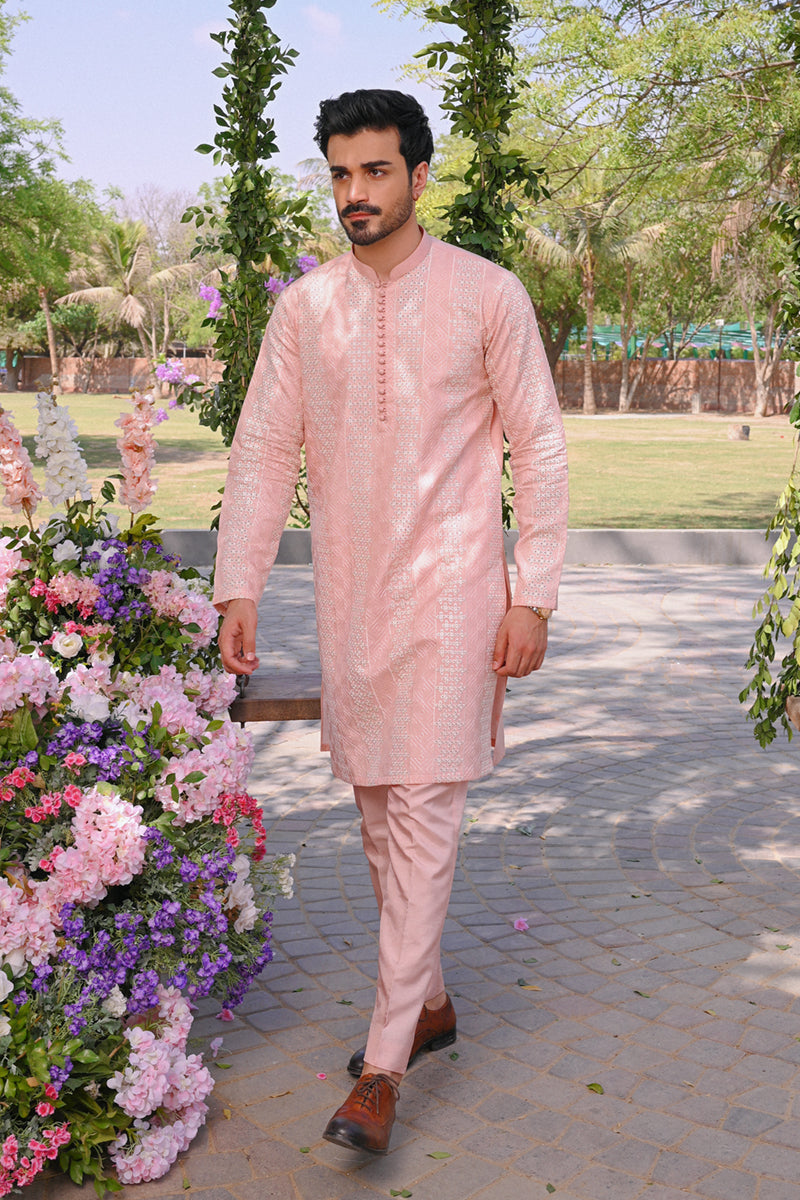 Pastel Pink Chikankari Raw Silk Kurta (2-Piece) - Image 1