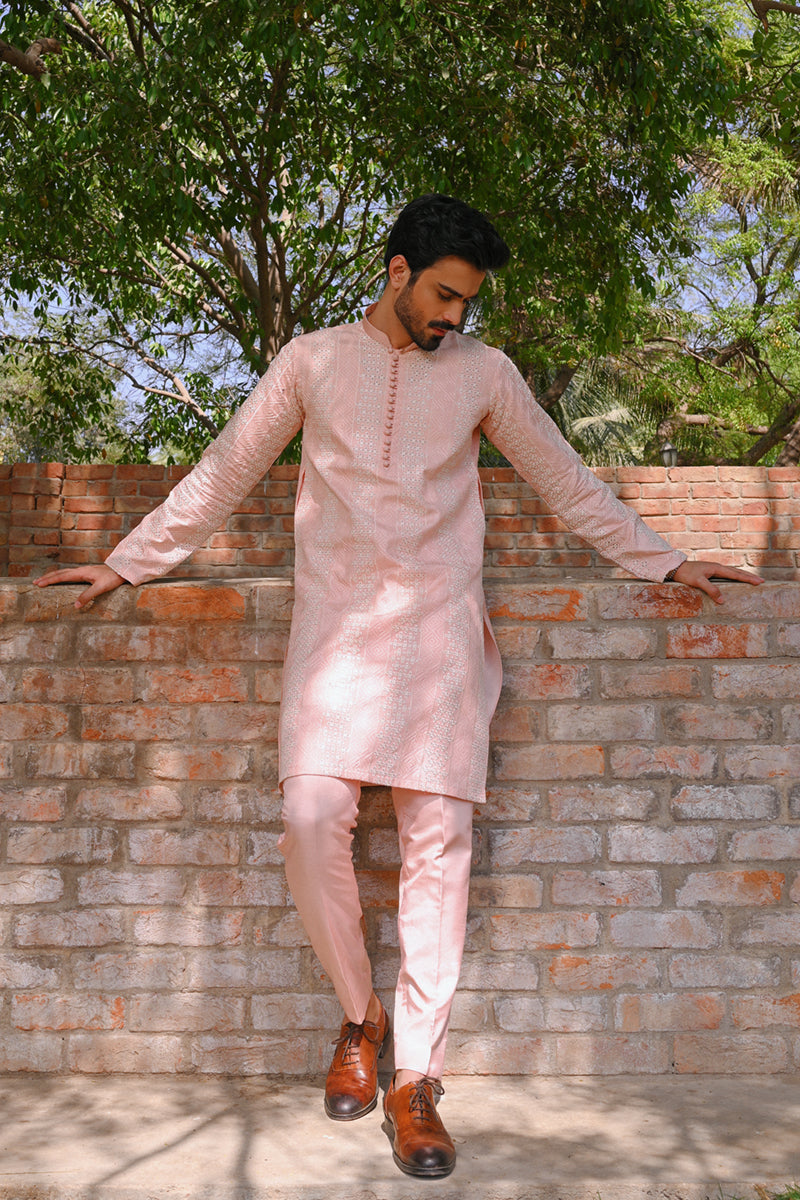 Pastel Pink Chikankari Raw Silk Kurta (2-Piece) - Image 3